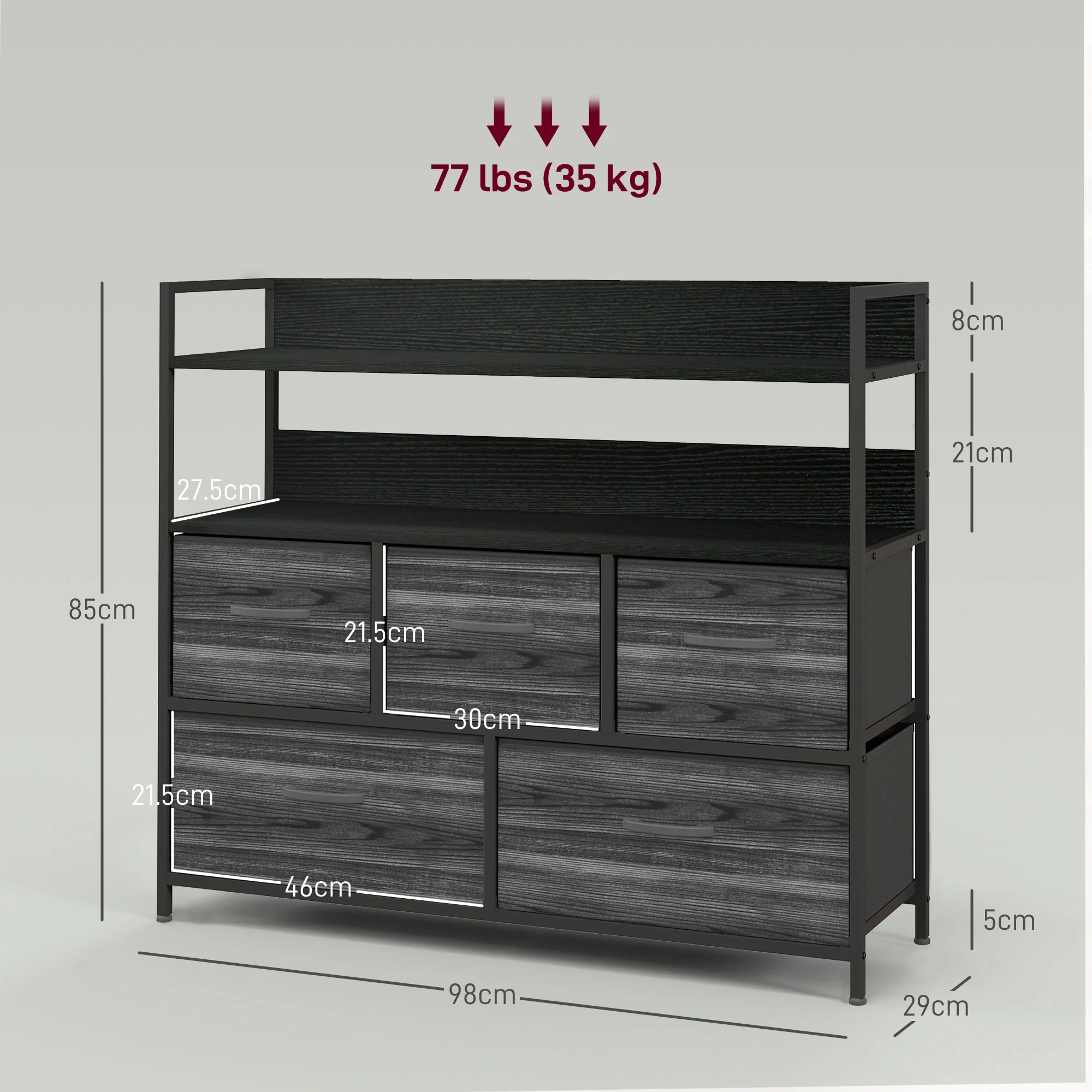 HOMCOM Bedroom Chest of Drawers 5 Drawer Dresser w/ Shelves - Image 5