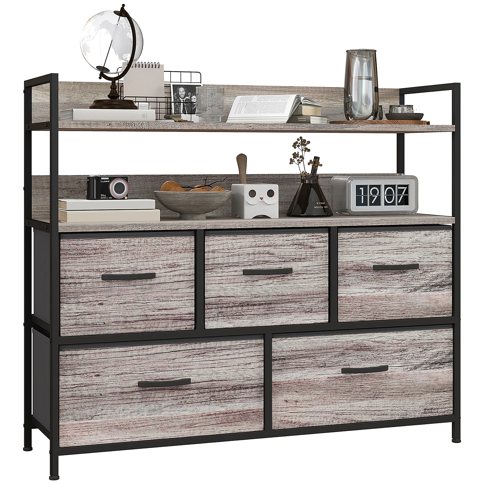 HOMCOM Bedroom Chest Of Drawers 5 Drawer Dresser W/ Shelves, Grey Wood Effect
