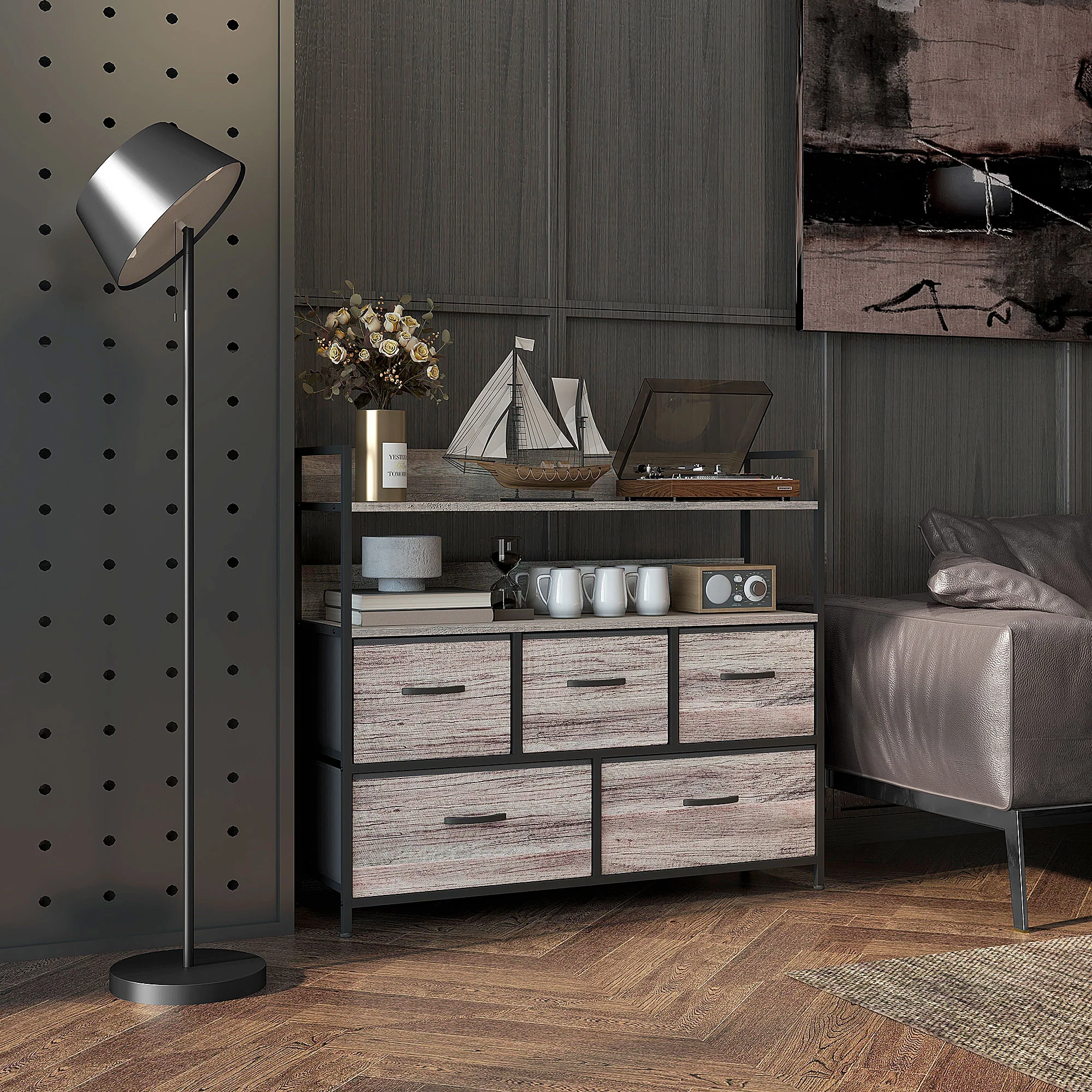 HOMCOM Bedroom Chest Of Drawers 5 Drawer Dresser W/ Shelves, Grey Wood Effect - Image 2