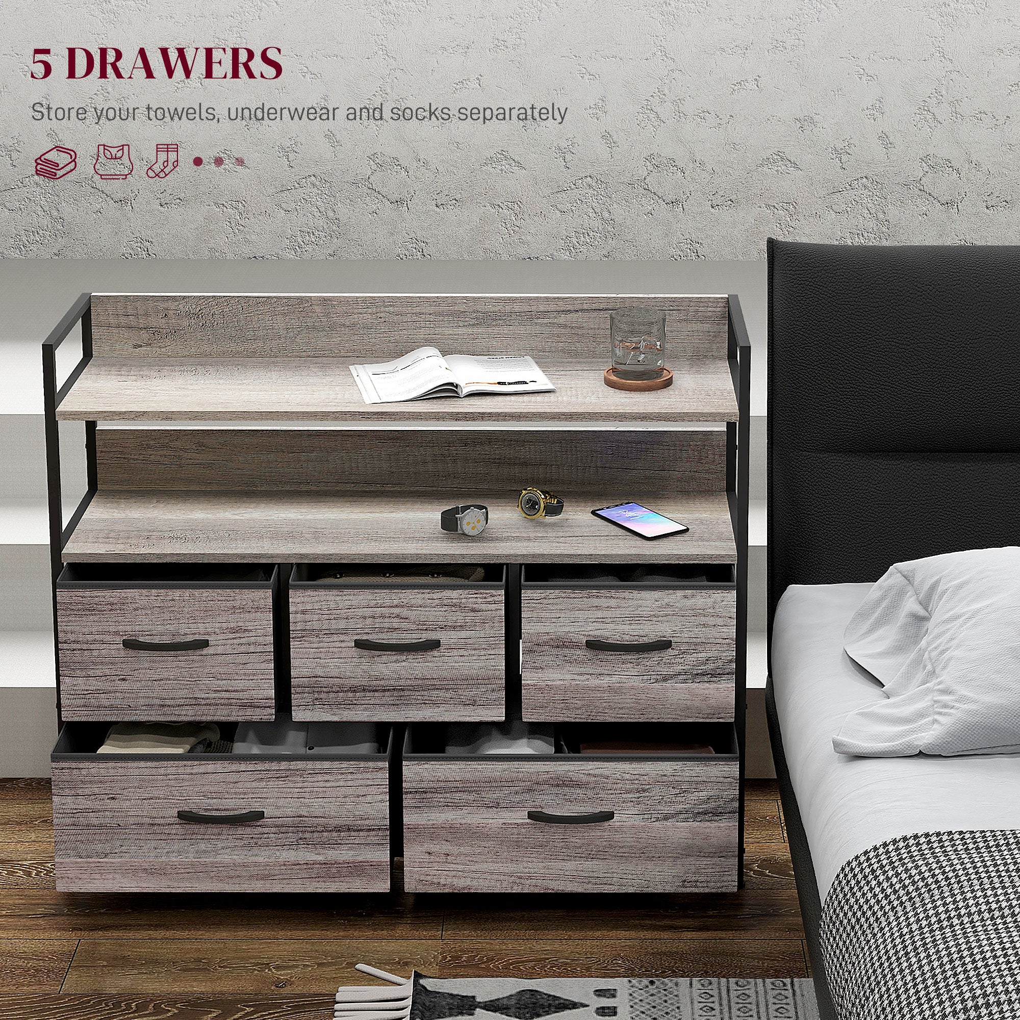HOMCOM Bedroom Chest Of Drawers 5 Drawer Dresser W/ Shelves, Grey Wood Effect - Image 3