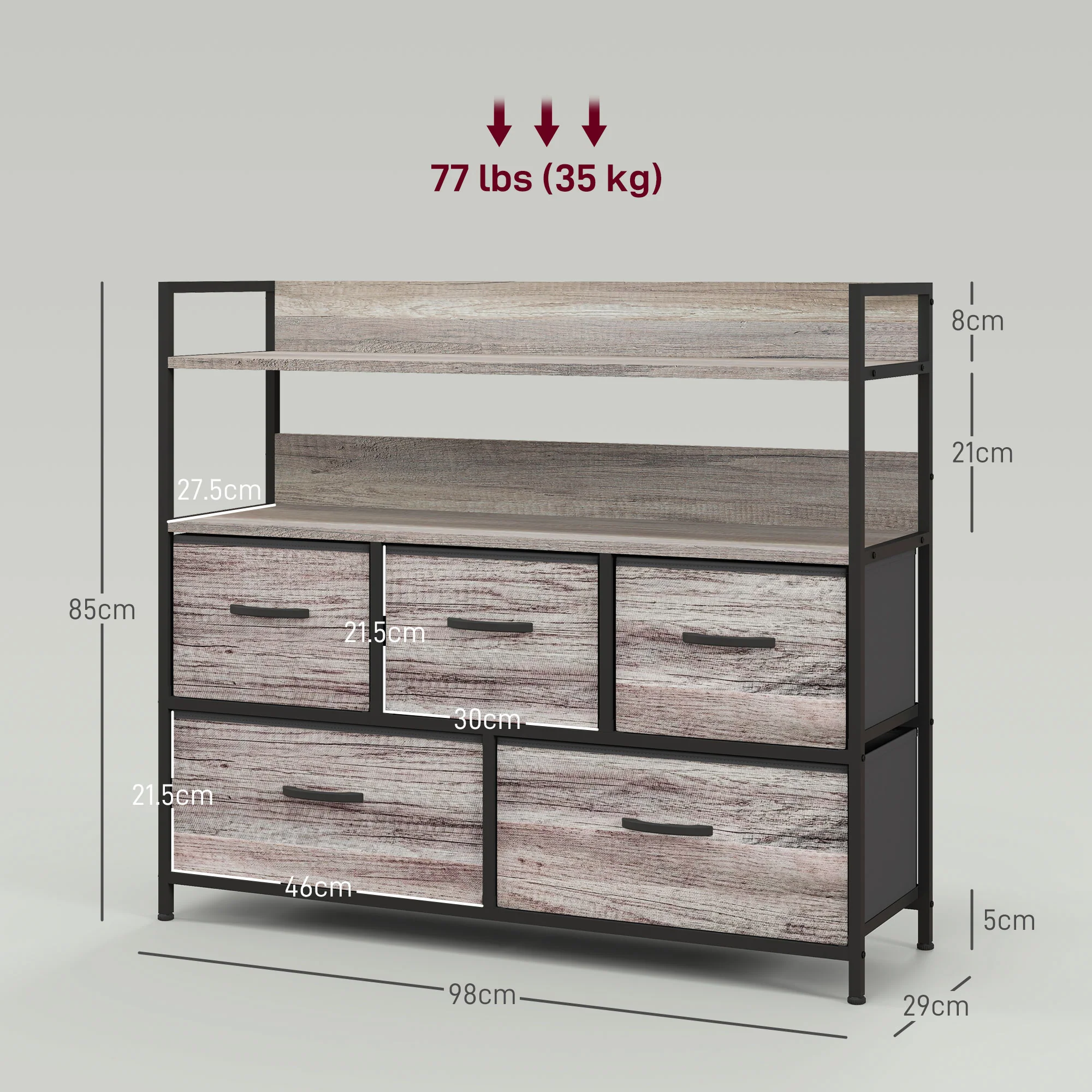 HOMCOM Bedroom Chest Of Drawers 5 Drawer Dresser W/ Shelves, Grey Wood Effect - Image 5