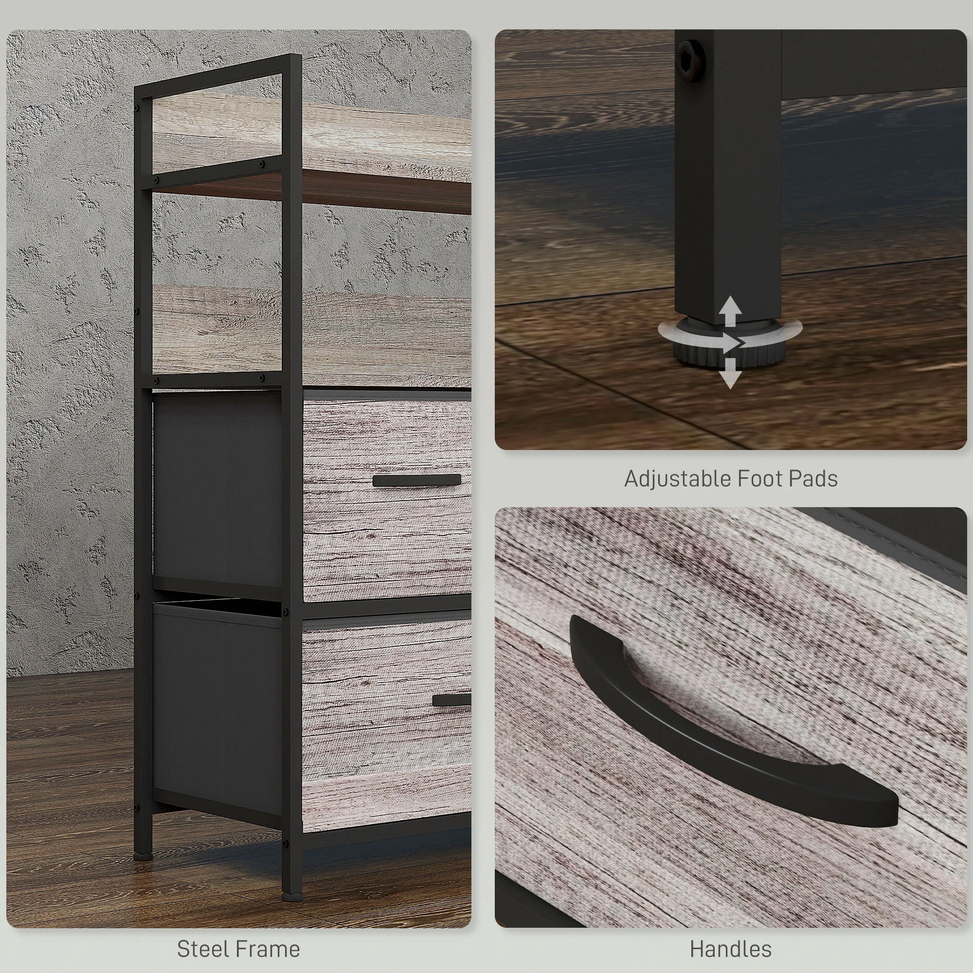 HOMCOM Bedroom Chest Of Drawers 5 Drawer Dresser W/ Shelves, Grey Wood Effect - Image 7
