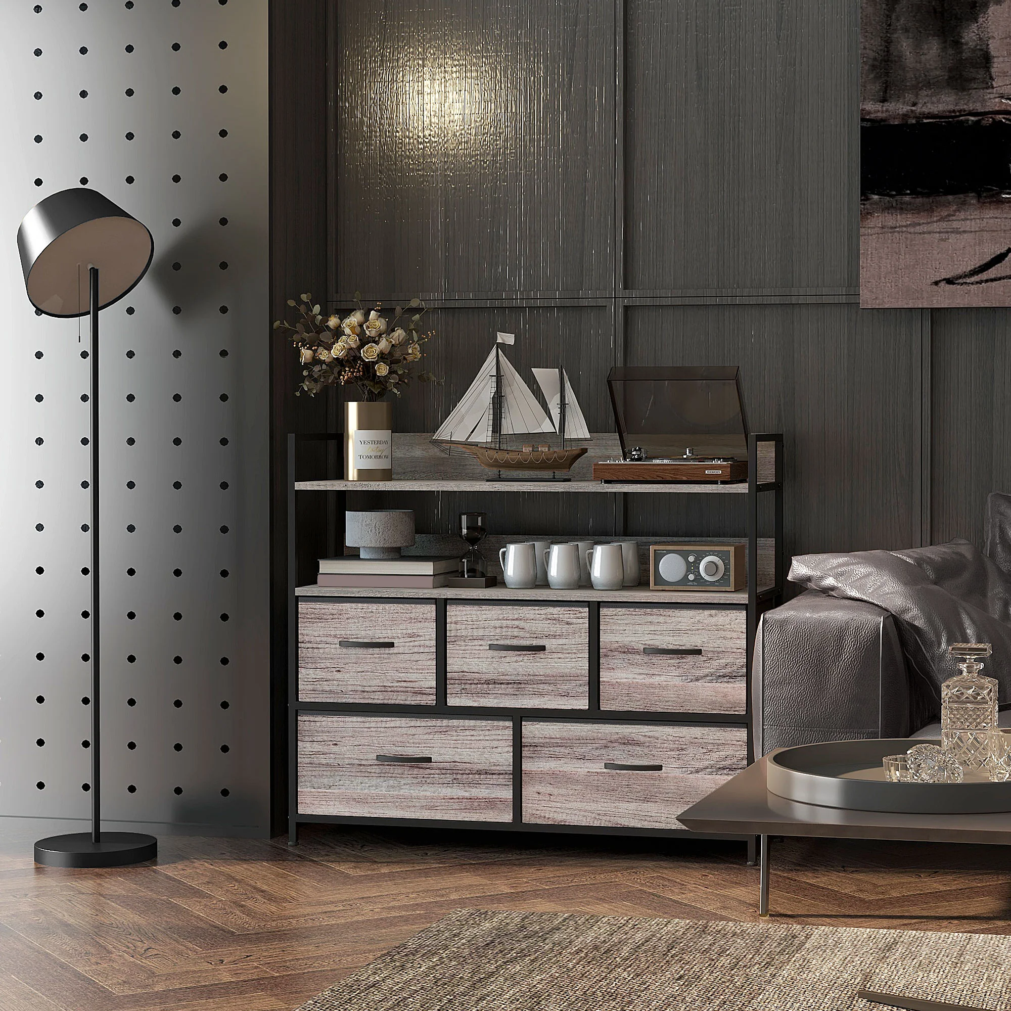 HOMCOM Bedroom Chest Of Drawers 5 Drawer Dresser W/ Shelves, Grey Wood Effect - Image 9