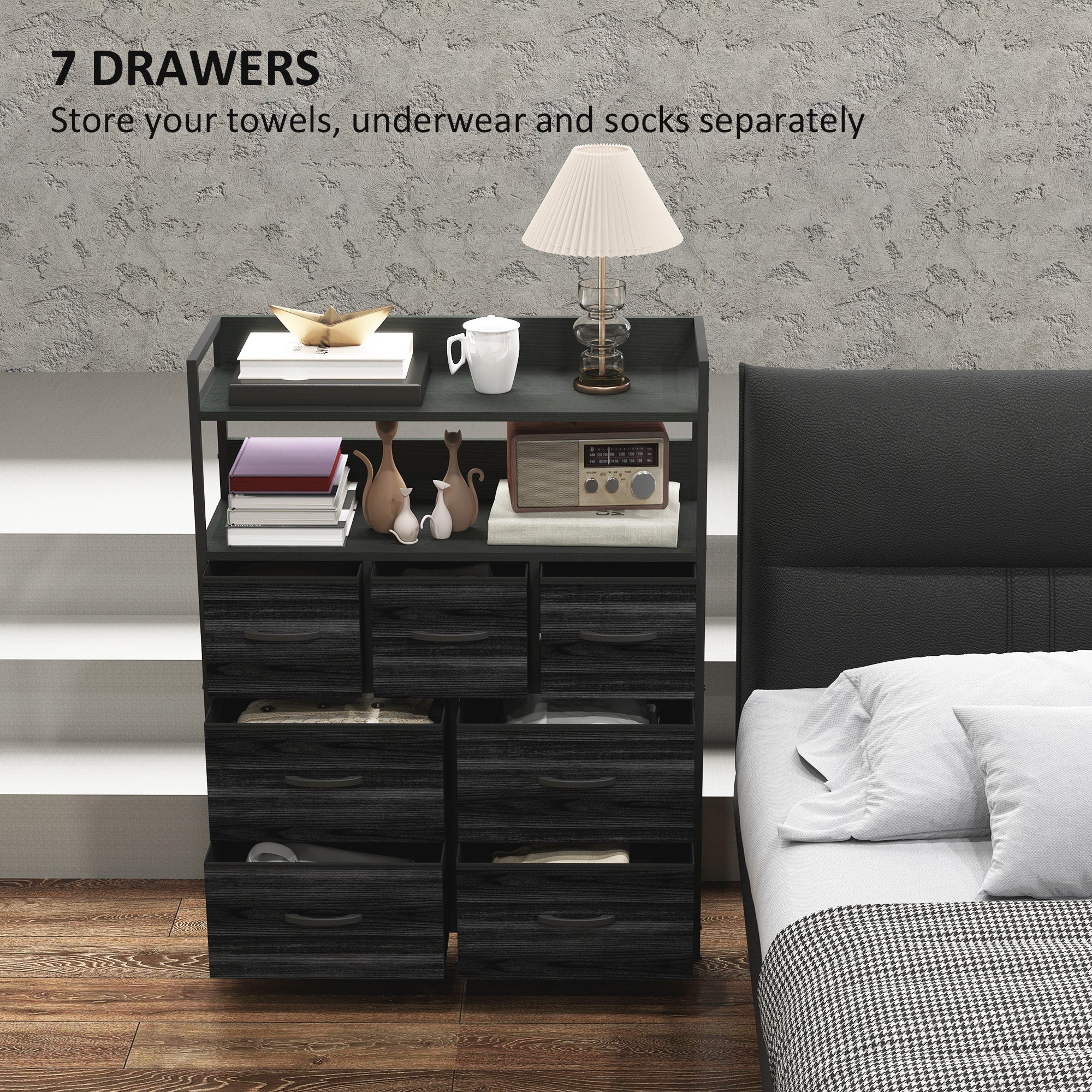 HOMCOM Bedroom Chest of Drawers 7 Drawer Dresser w/ Shelves - Image 3