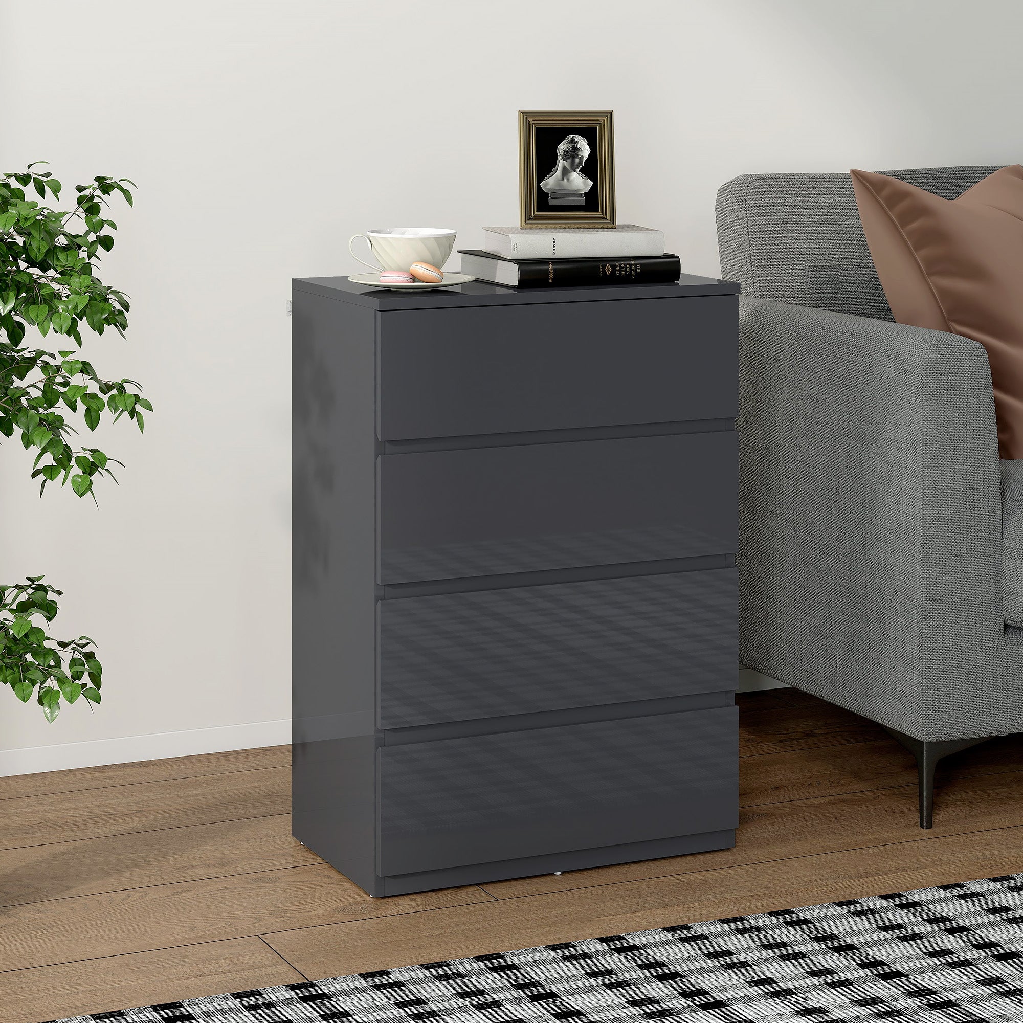 HOMCOM Bedroom Chest of Drawers, High Gloss 4 Drawers Dresser, Grey - Image 2