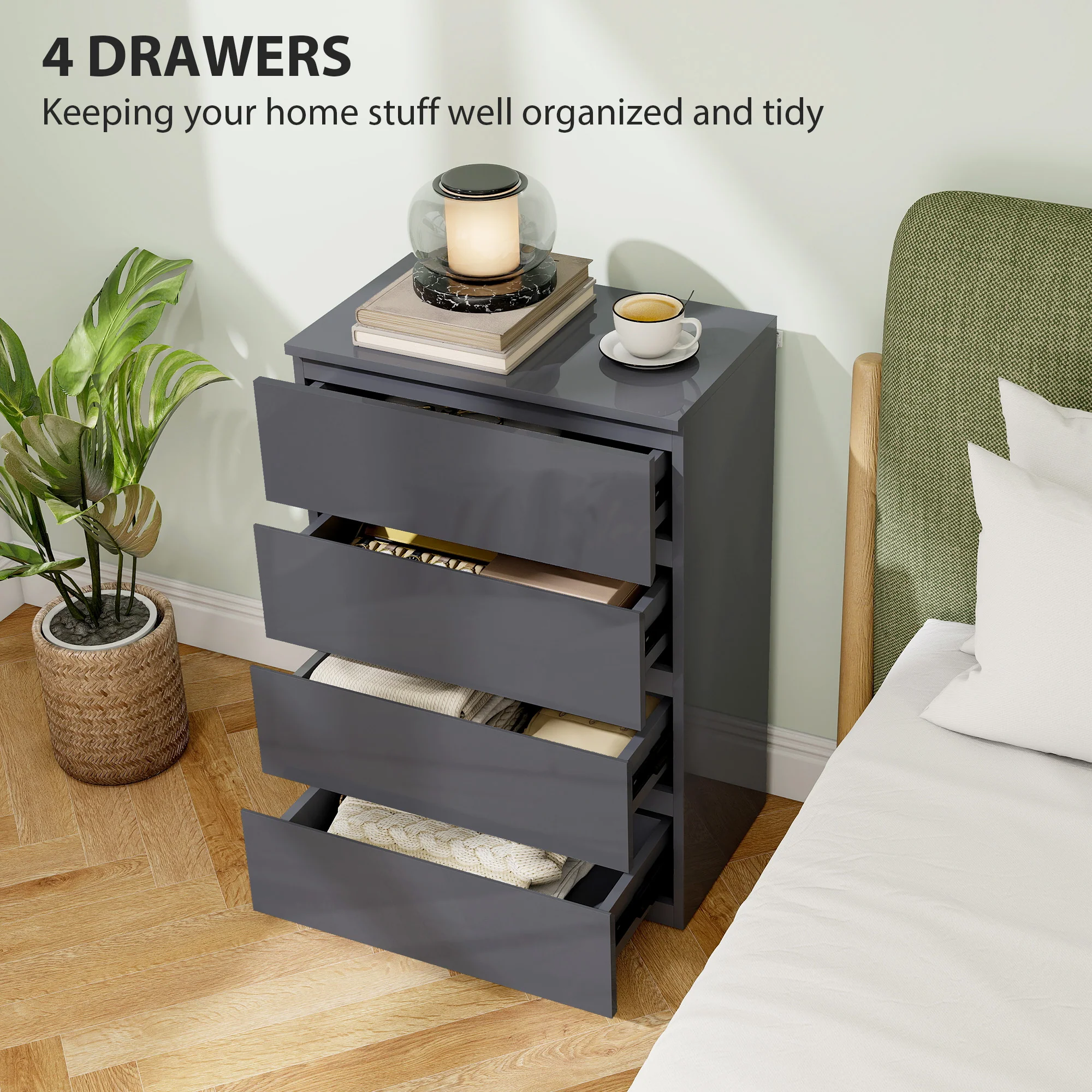 HOMCOM Bedroom Chest of Drawers, High Gloss 4 Drawers Dresser, Grey - Image 3
