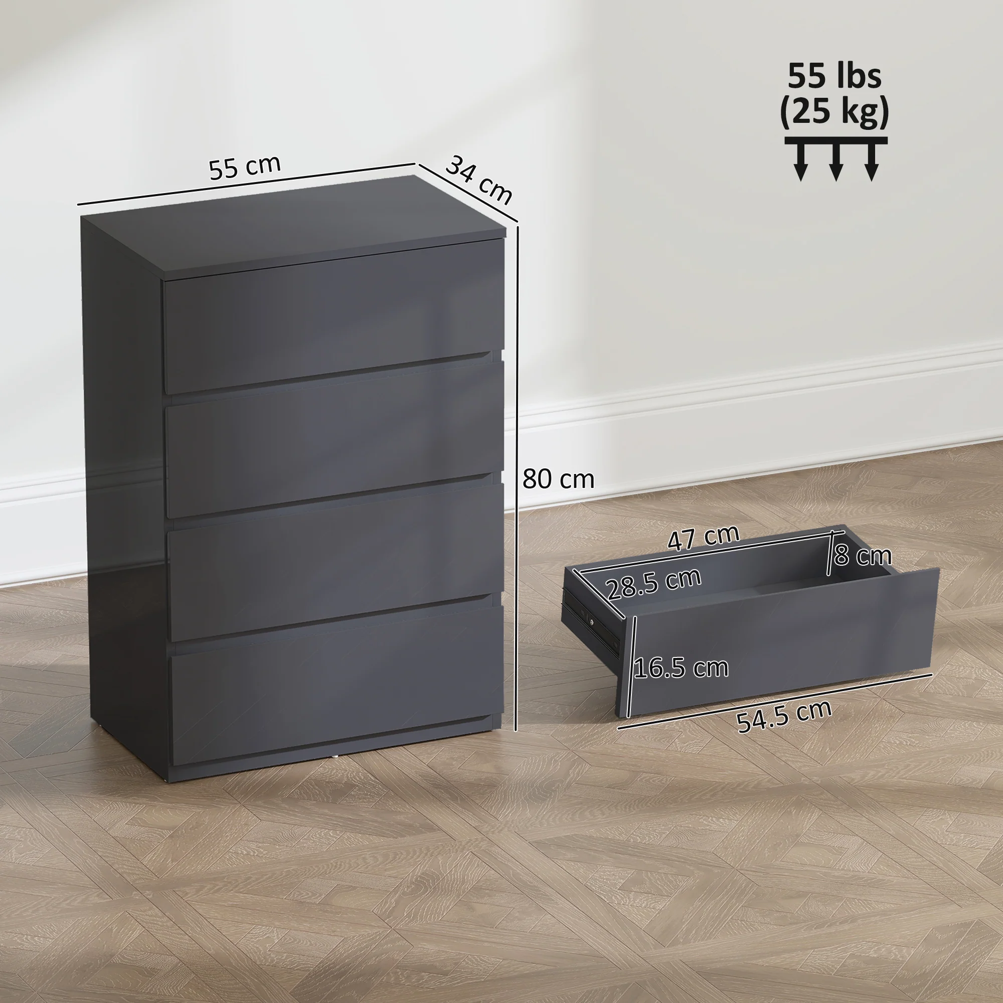 HOMCOM Bedroom Chest of Drawers, High Gloss 4 Drawers Dresser, Grey - Image 5