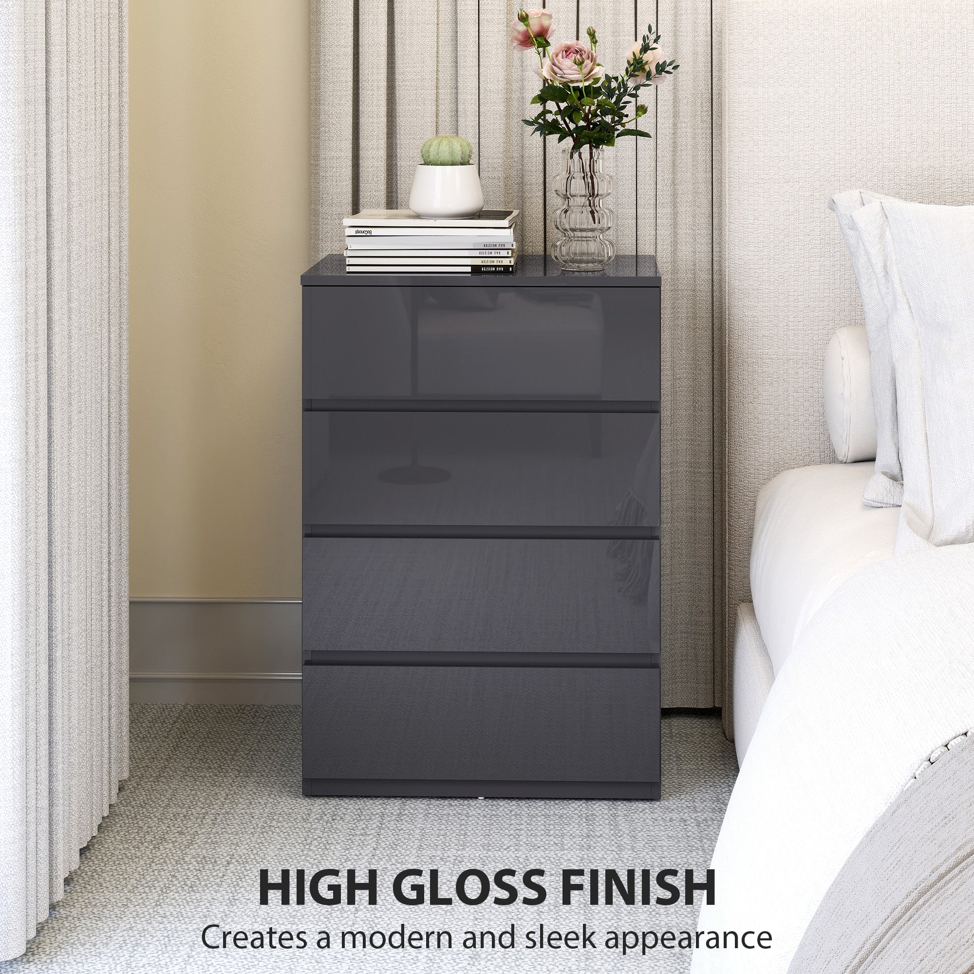 HOMCOM Bedroom Chest of Drawers, High Gloss 4 Drawers Dresser, Grey - Image 6