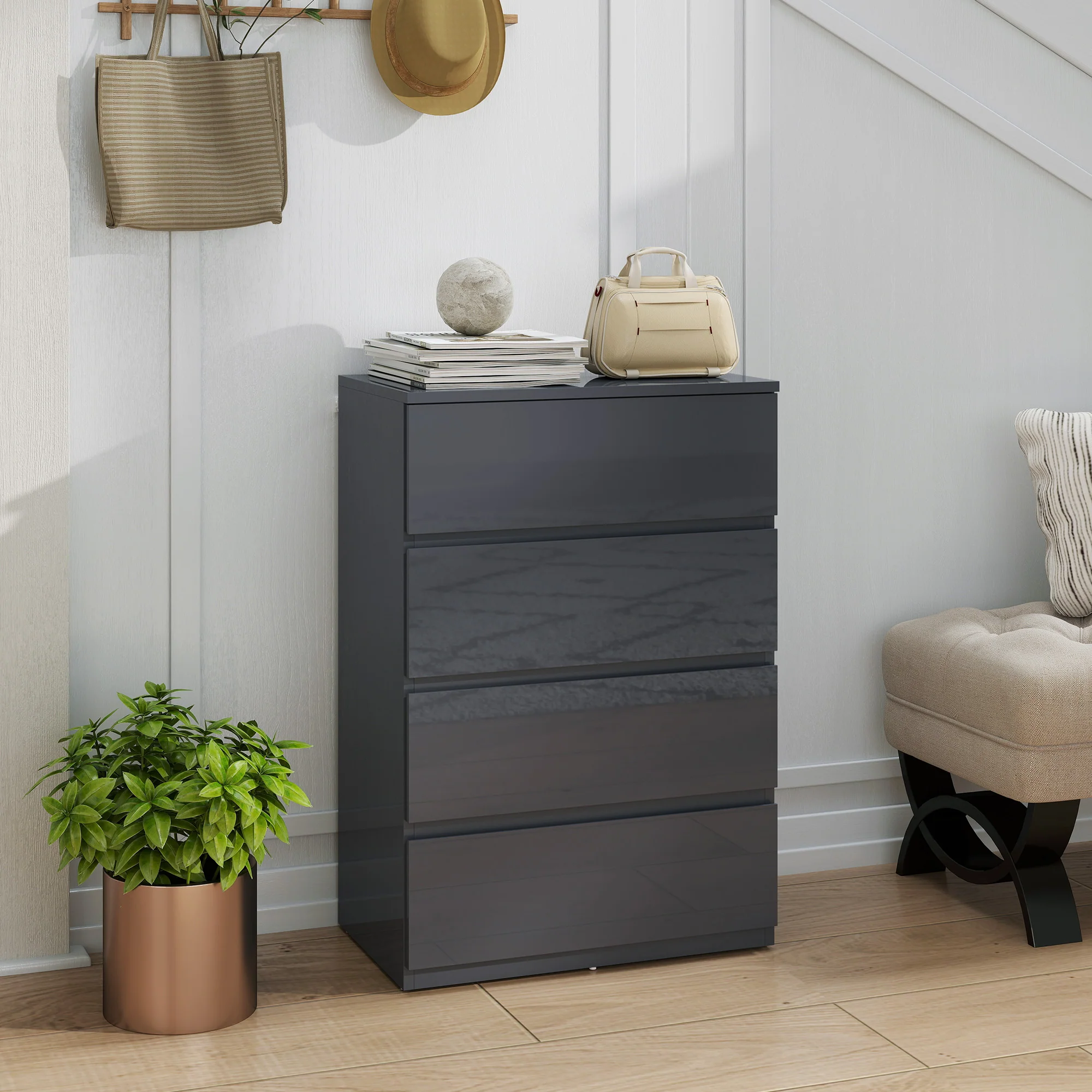 HOMCOM Bedroom Chest of Drawers, High Gloss 4 Drawers Dresser, Grey - Image 8