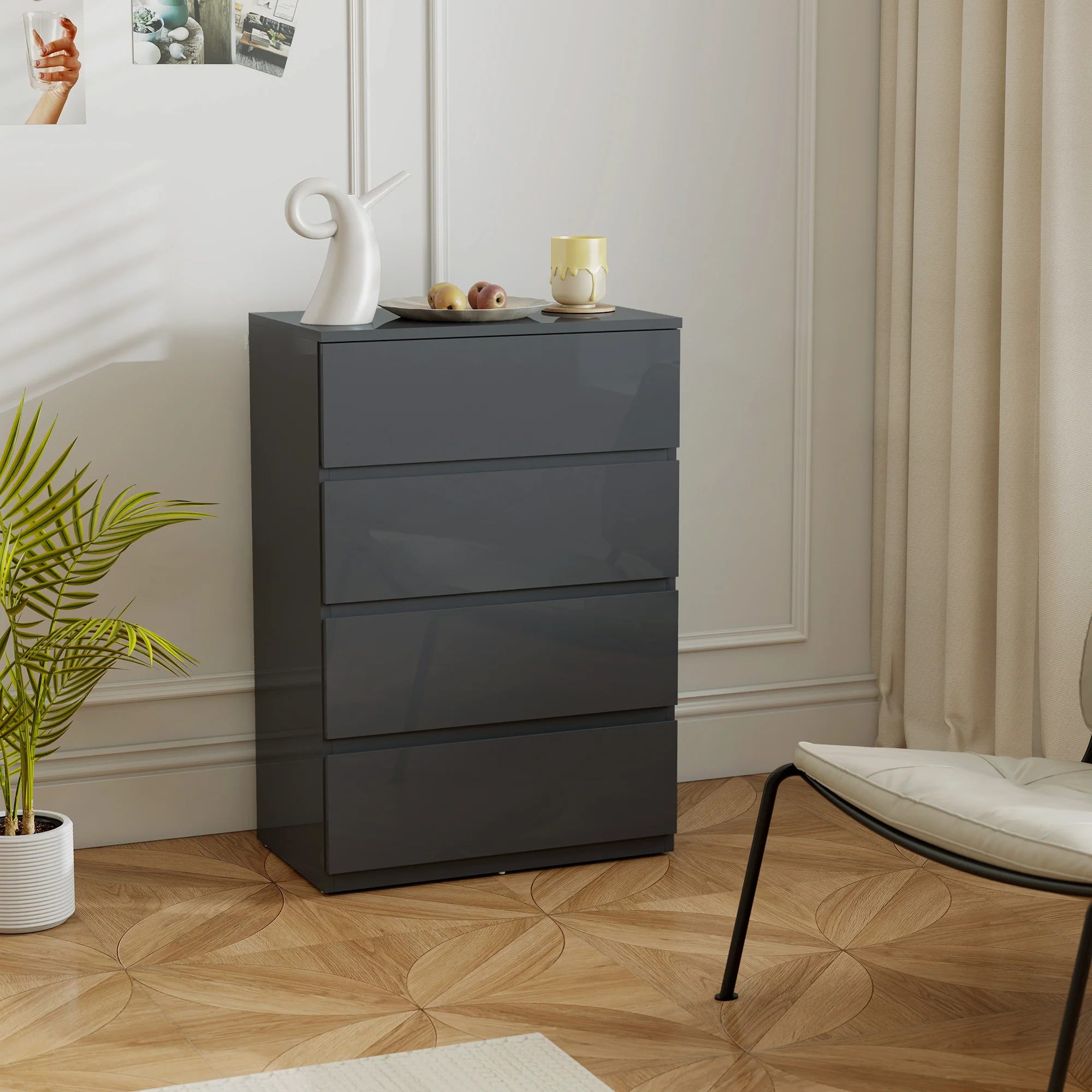 HOMCOM Bedroom Chest of Drawers, High Gloss 4 Drawers Dresser, Grey - Image 9