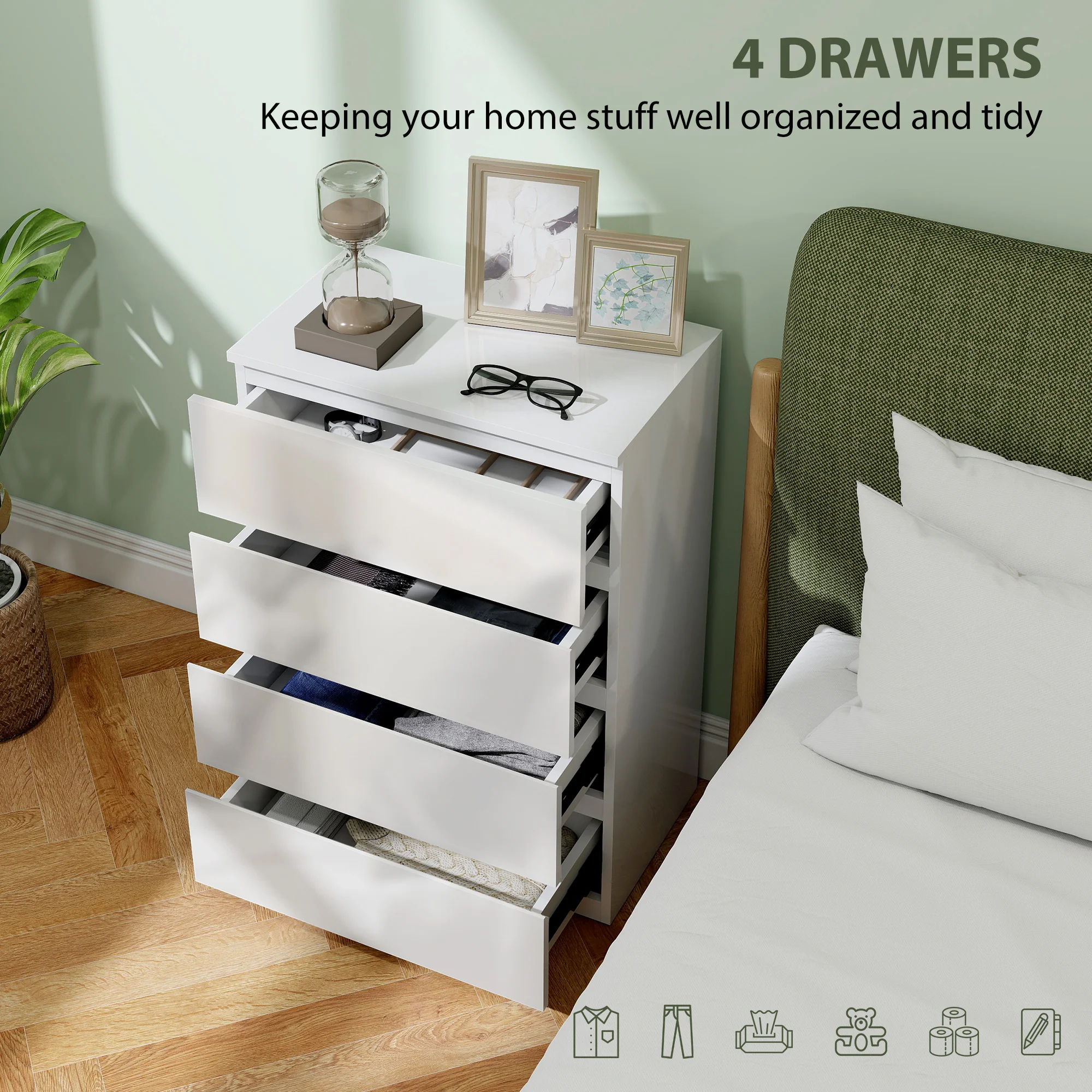 HOMCOM Bedroom Chest of Drawers, High Gloss 4 Drawers Dresser, White - Image 3