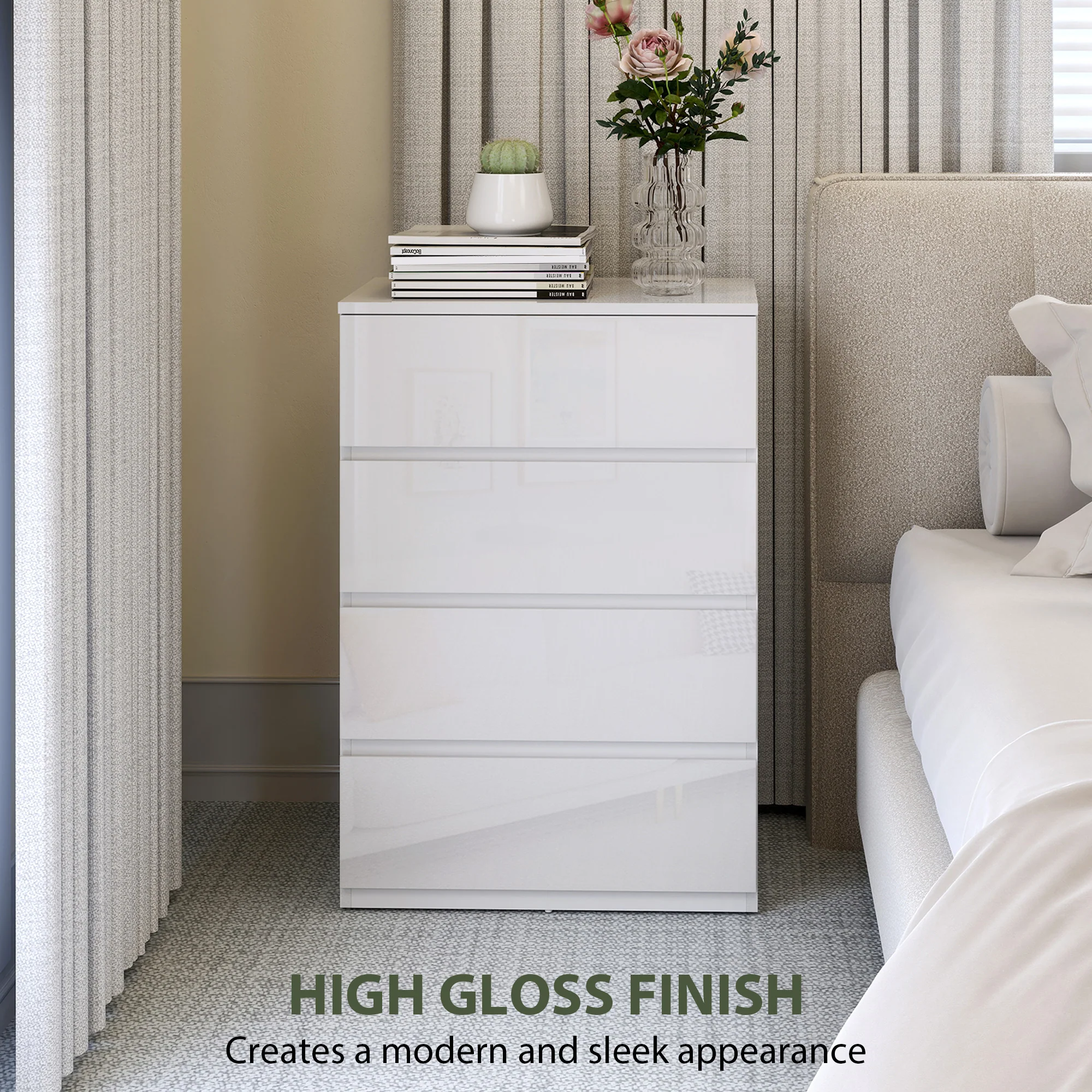 HOMCOM Bedroom Chest of Drawers, High Gloss 4 Drawers Dresser, White - Image 4