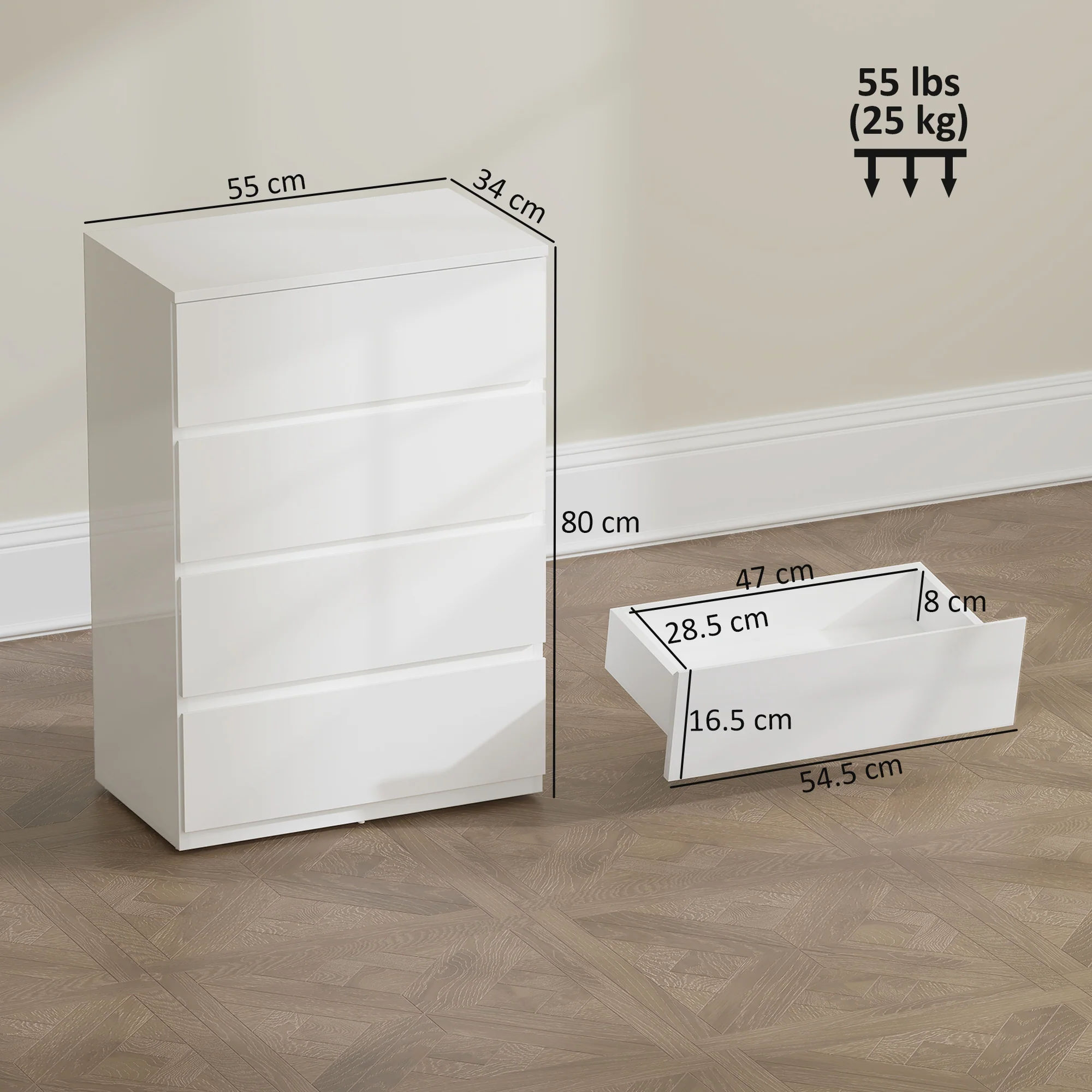 HOMCOM Bedroom Chest of Drawers, High Gloss 4 Drawers Dresser, White - Image 5