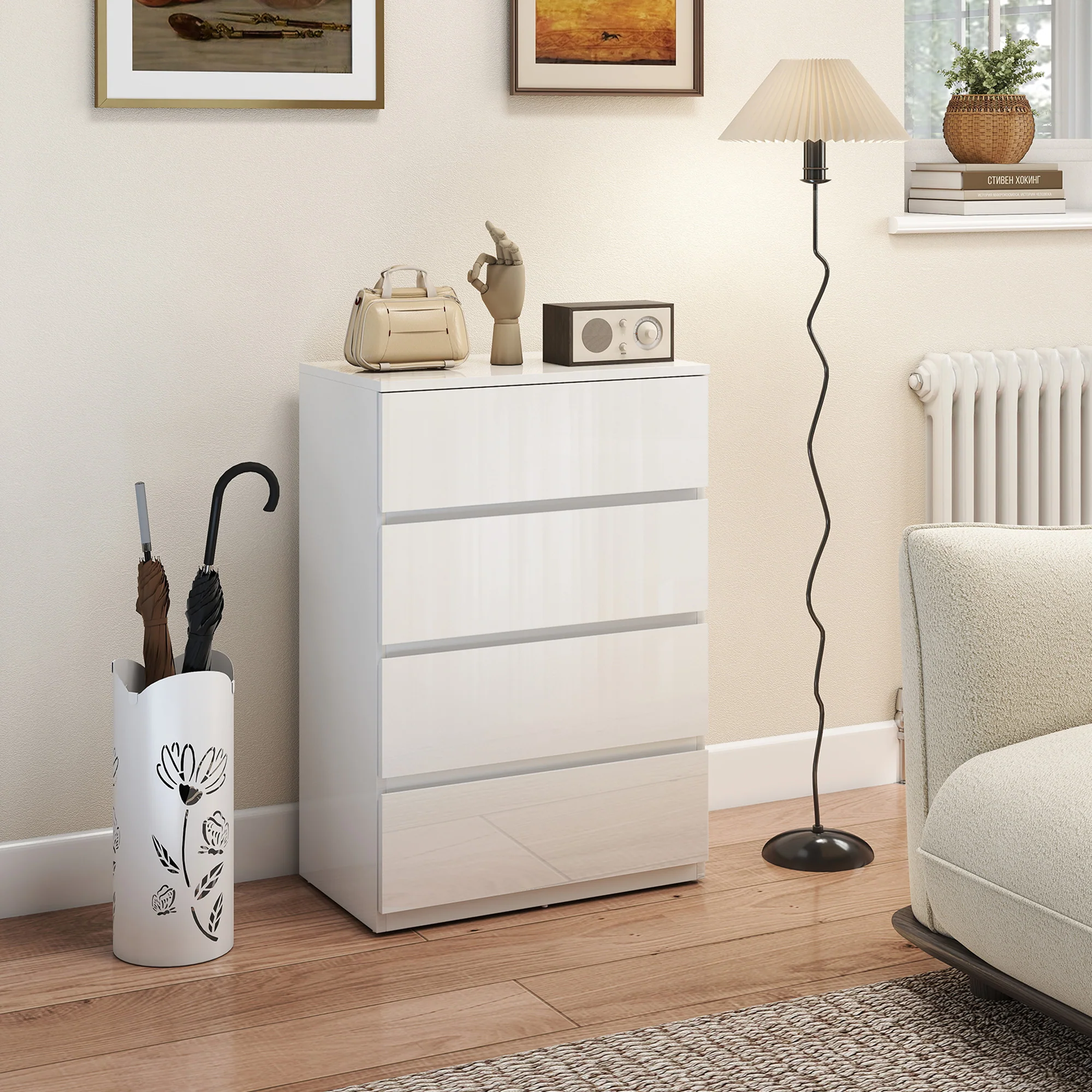 HOMCOM Bedroom Chest of Drawers, High Gloss 4 Drawers Dresser, White - Image 7