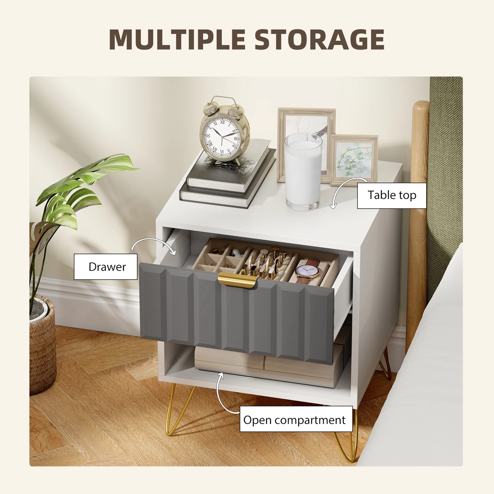 HOMCOM Bedside Drawers Modern Bedside Cabinet With Drawer And Handle, White - Image 3