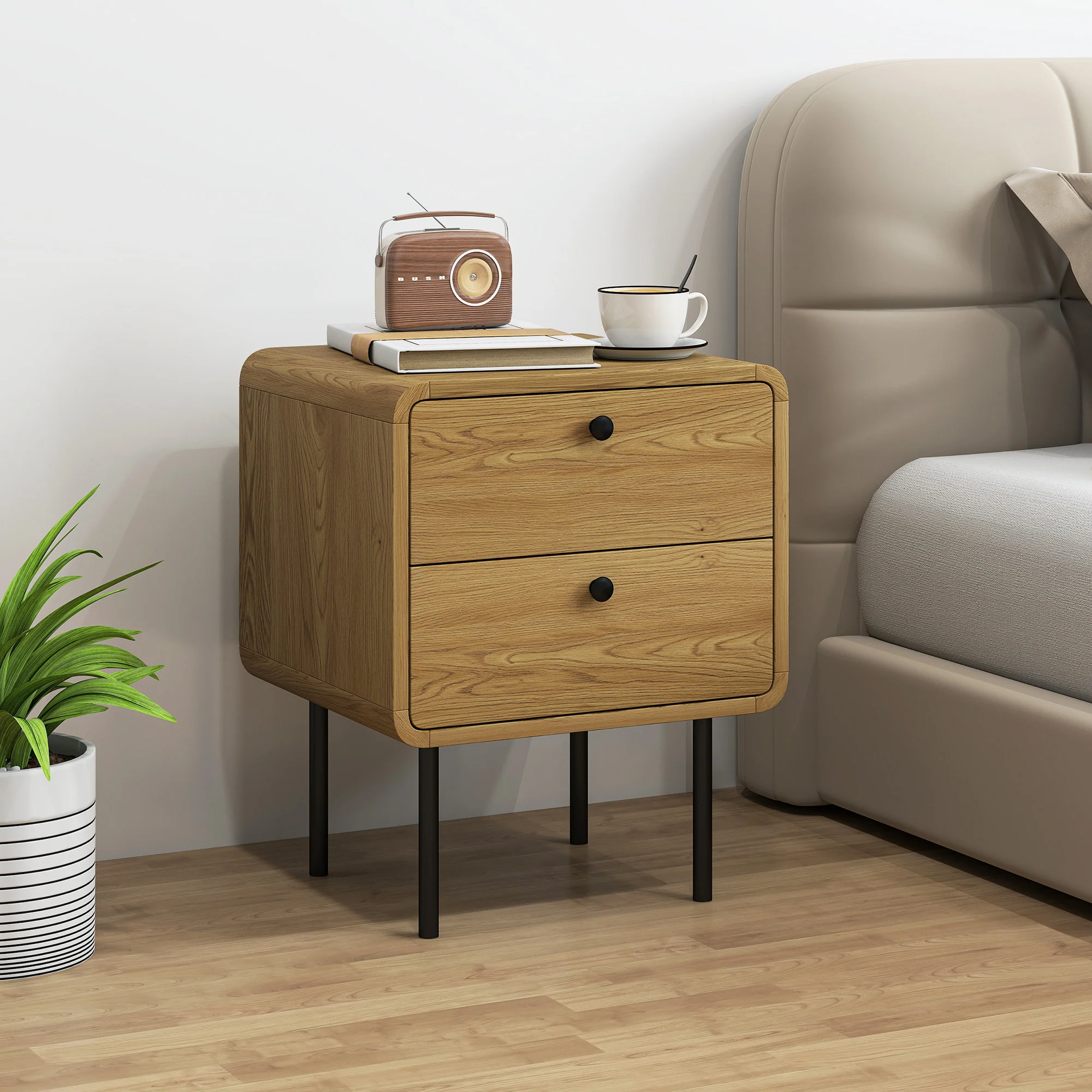 HOMCOM Bedside Table, Modern Nightstand with 2 Drawers Rounded Edges, Oak - Image 2