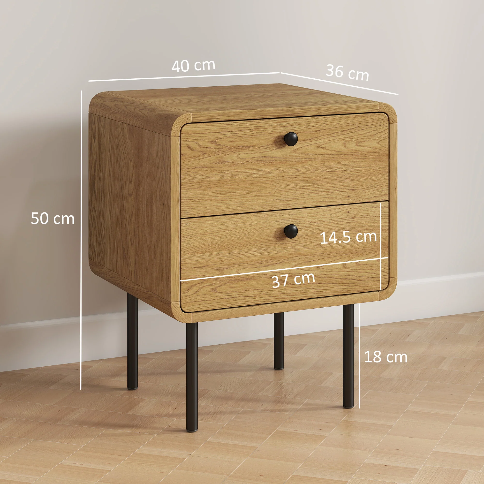 HOMCOM Bedside Table, Modern Nightstand with 2 Drawers Rounded Edges, Oak - Image 5