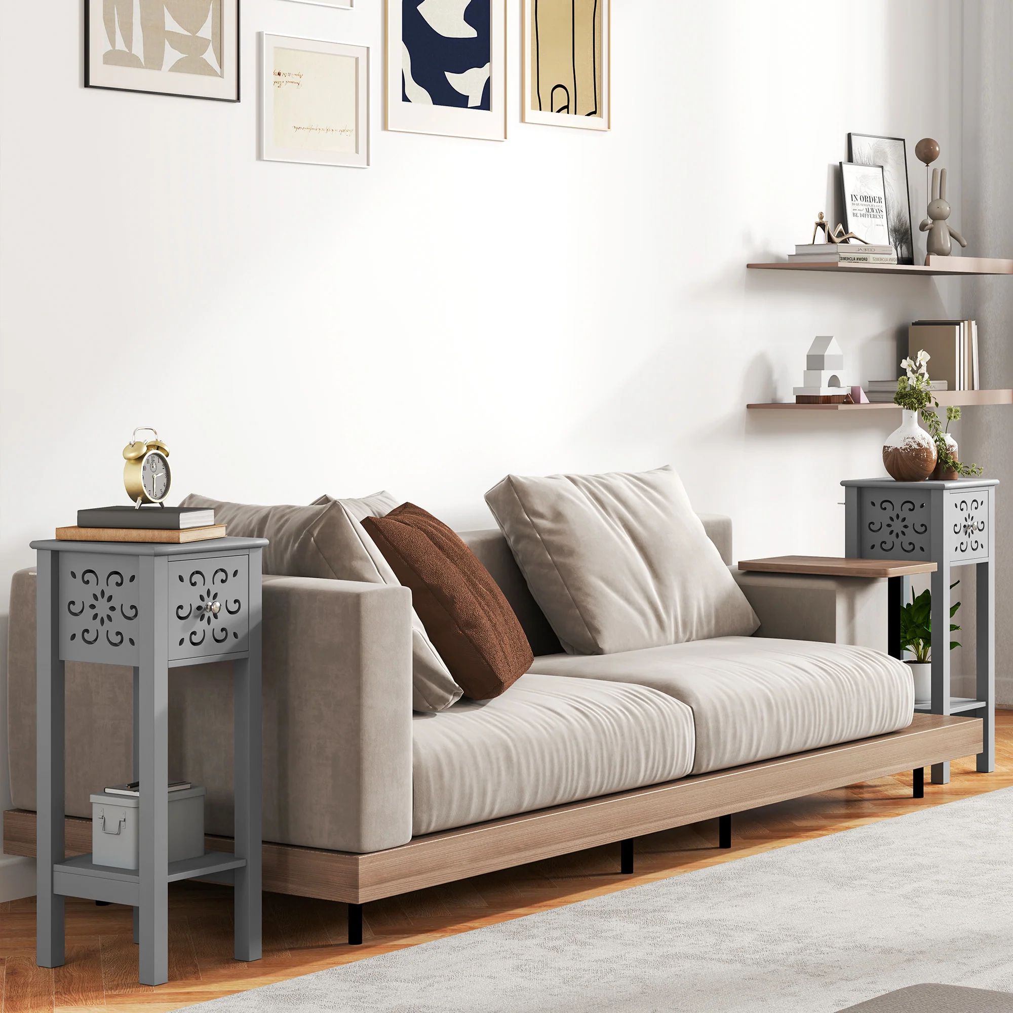 HOMCOM Bedside Table Set, End Table Set with Drawer and Storage Shelf, Grey - Image 2