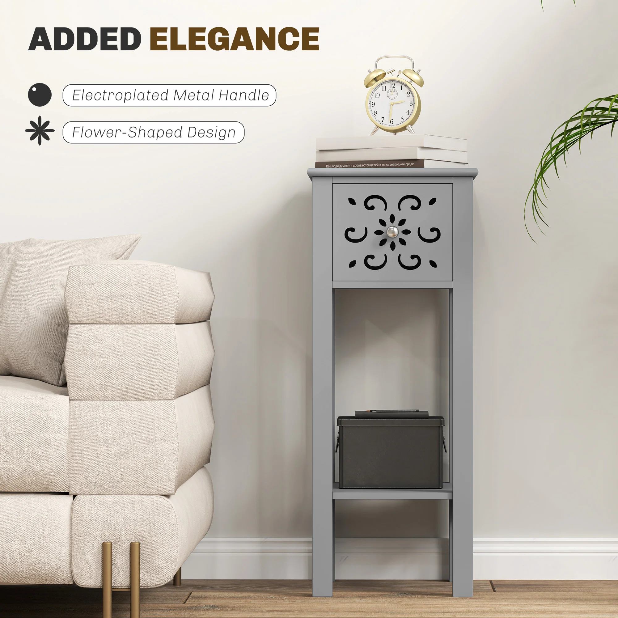 HOMCOM Bedside Table Set, End Table Set with Drawer and Storage Shelf, Grey - Image 3