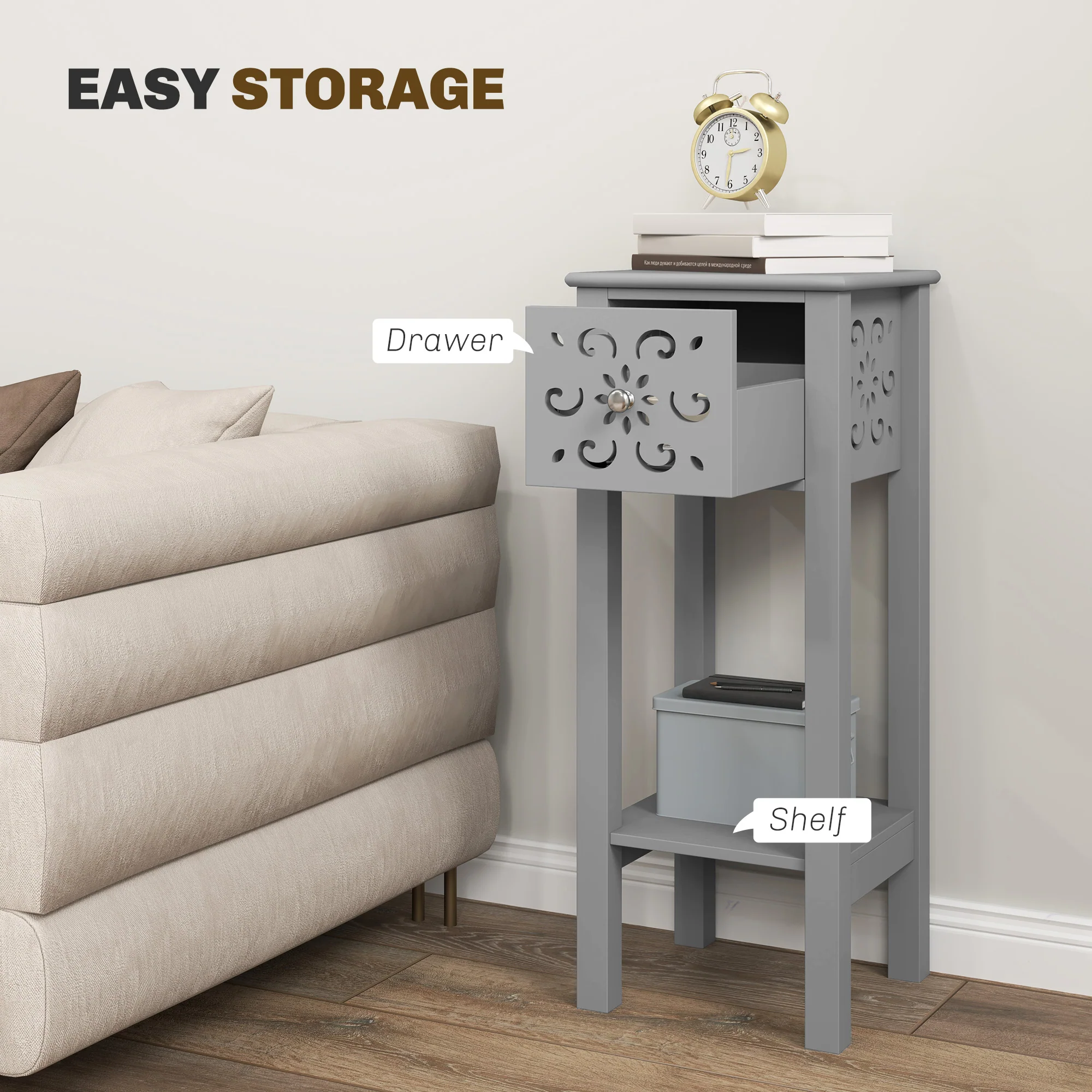 HOMCOM Bedside Table Set, End Table Set with Drawer and Storage Shelf, Grey - Image 4