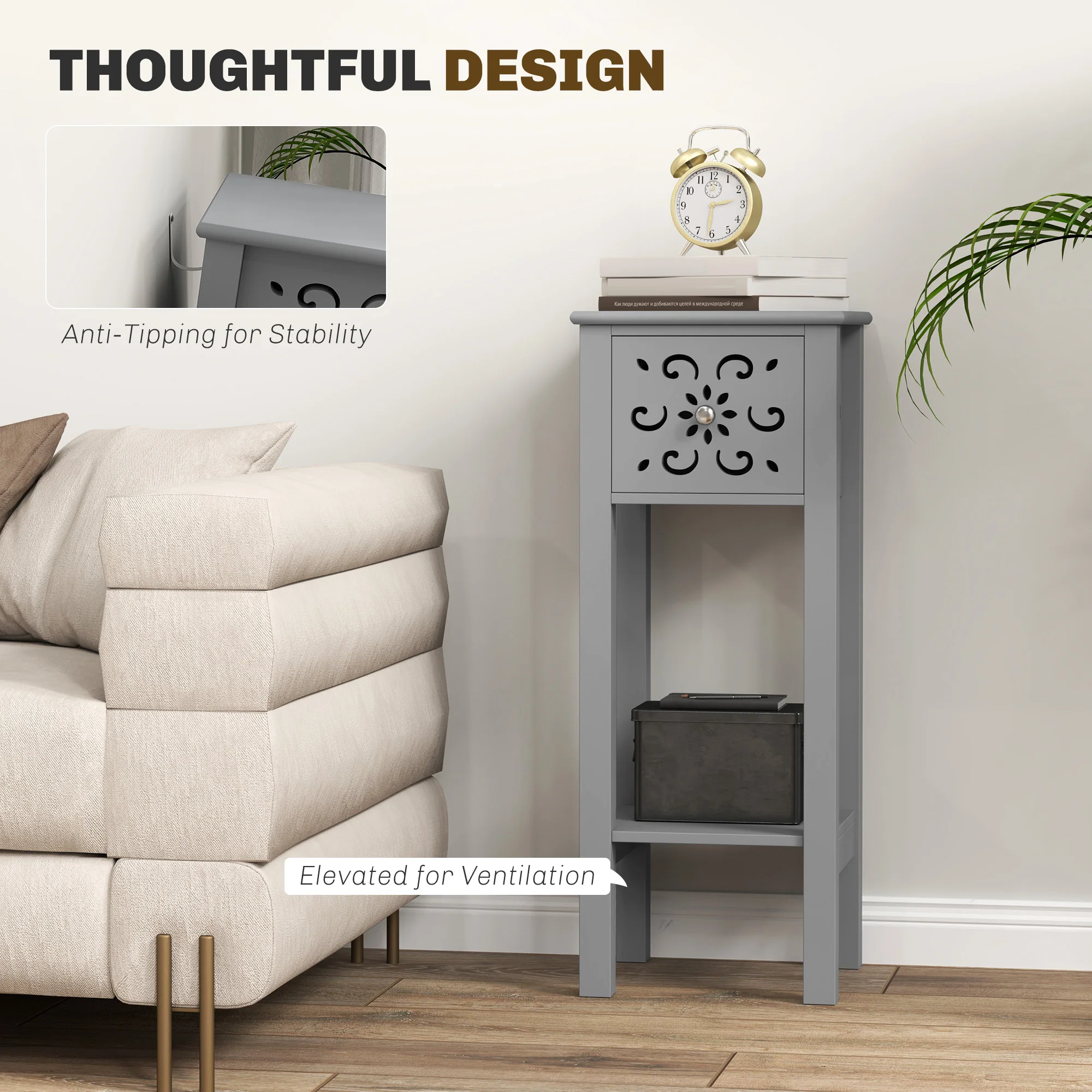HOMCOM Bedside Table Set, End Table Set with Drawer and Storage Shelf, Grey - Image 6