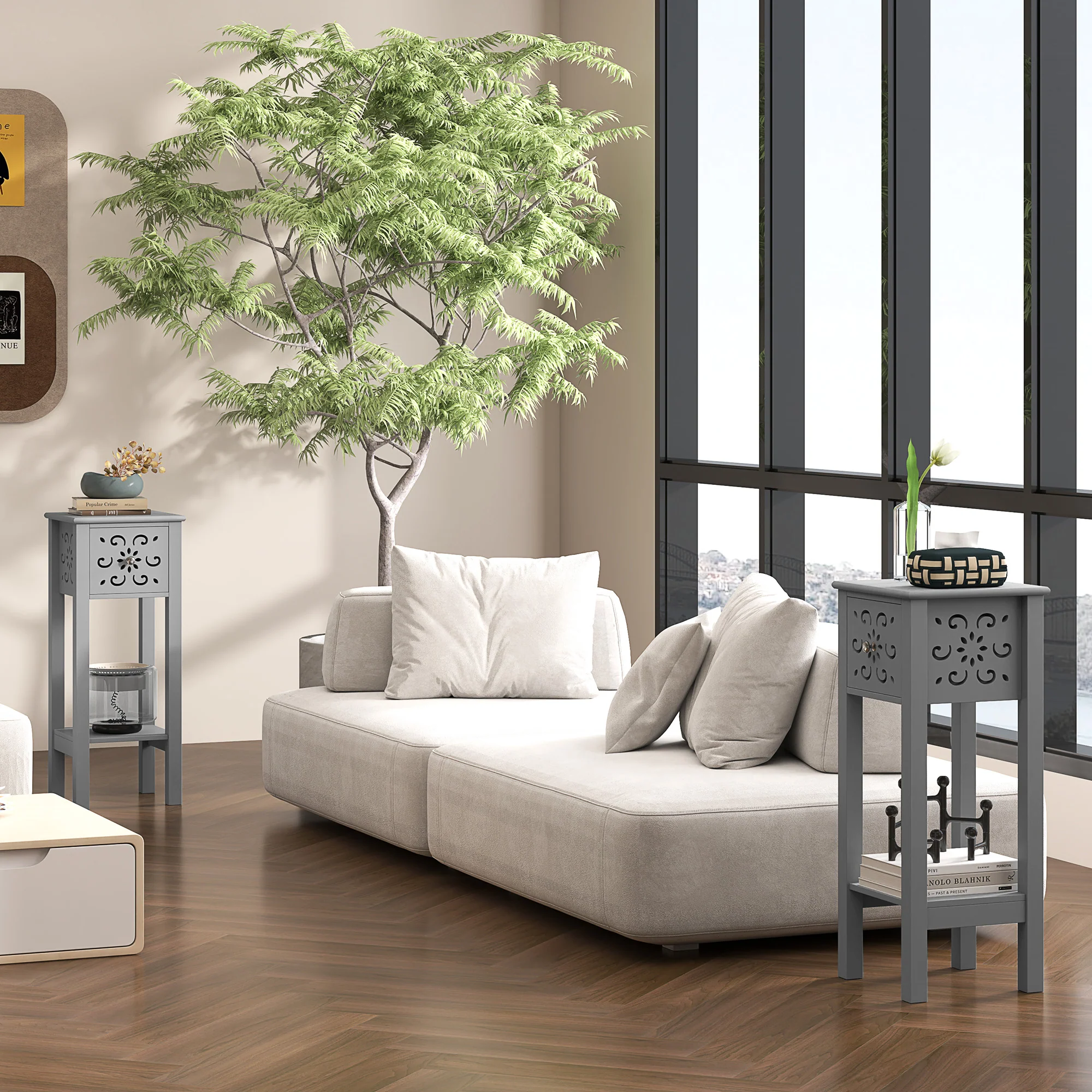 HOMCOM Bedside Table Set, End Table Set with Drawer and Storage Shelf, Grey - Image 7