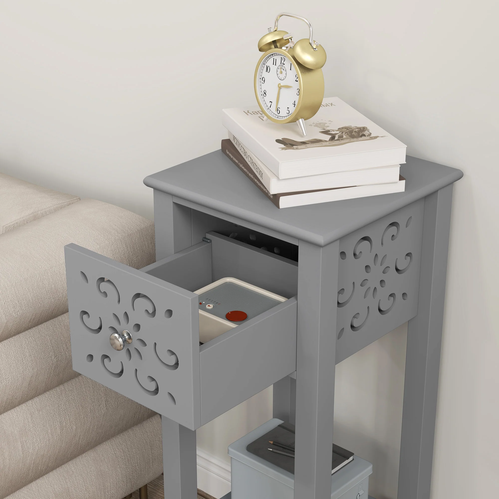 HOMCOM Bedside Table Set, End Table Set with Drawer and Storage Shelf, Grey - Image 8