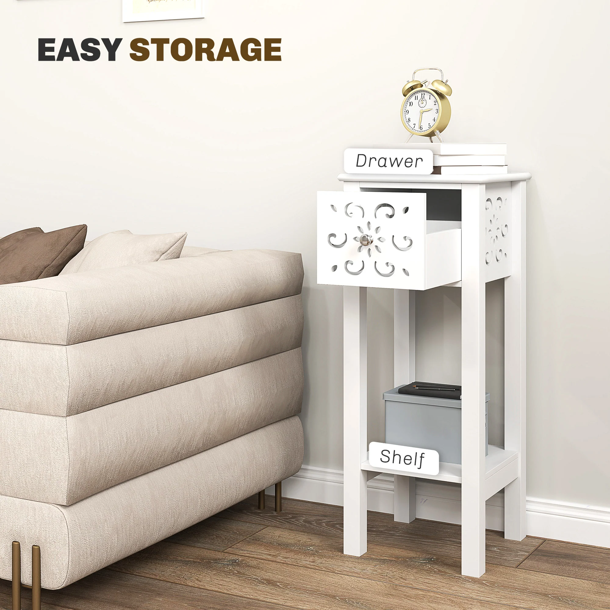 HOMCOM Bedside Table Set, End Table Set With Drawer And Storage Shelf, White - Image 4