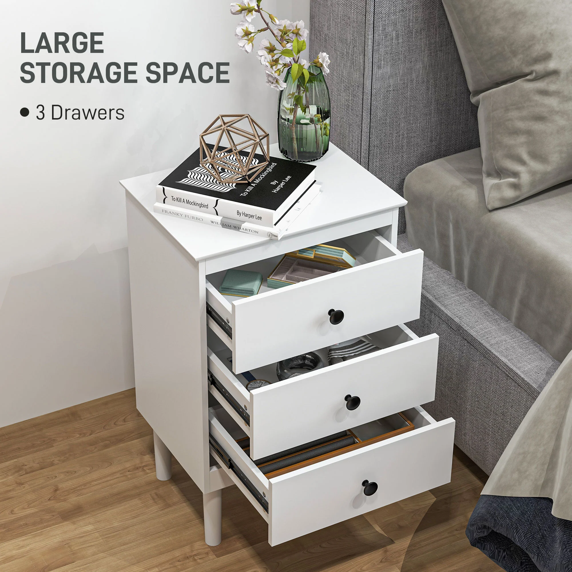 HOMCOM Bedside Table Set Of 2, Bedside Cabinet W/ 3 Drawers, Modern Side Table, - Image 4