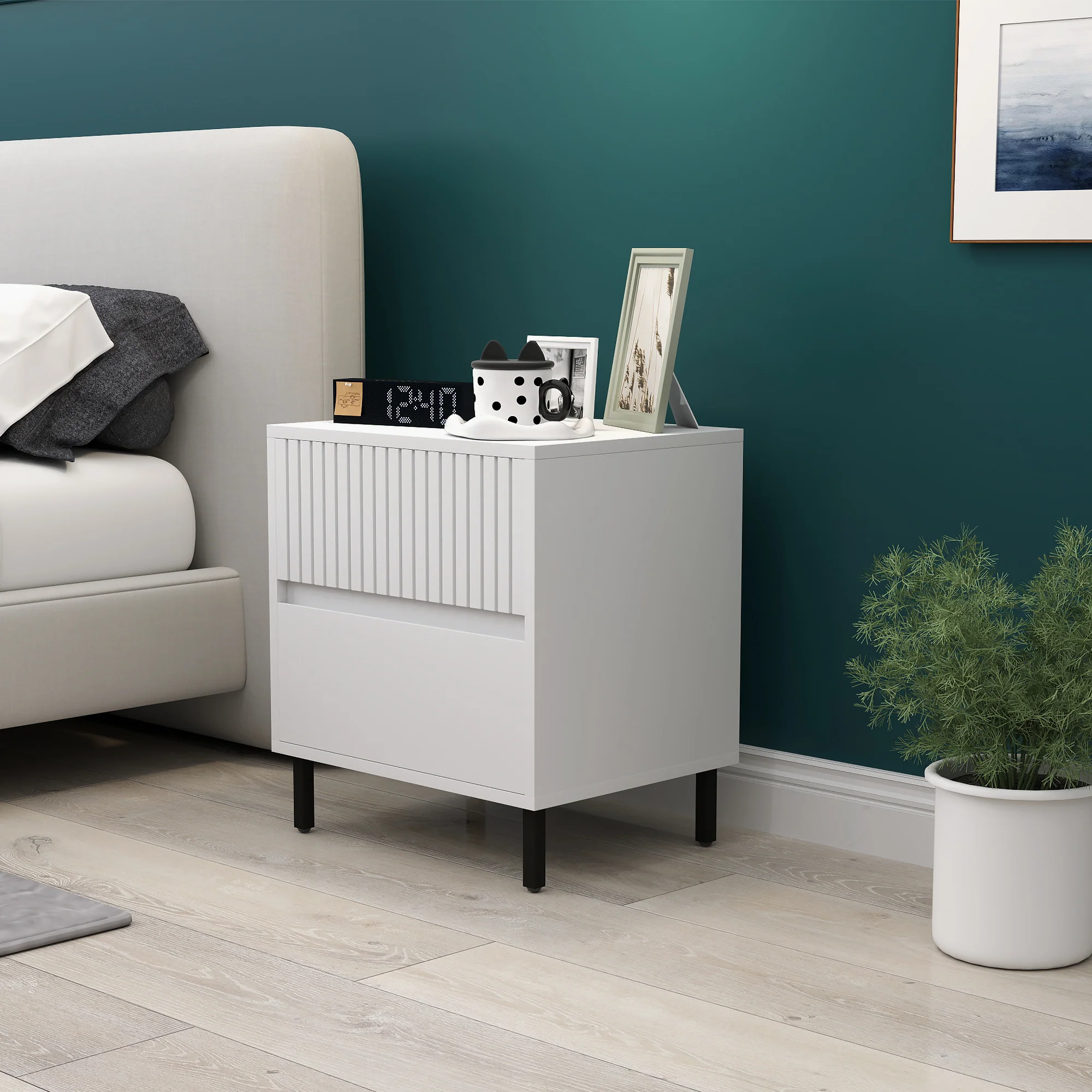 HOMCOM Bedside Table With 2 Drawers And Steel Legs For Bedroom - Grey/White - Image 11
