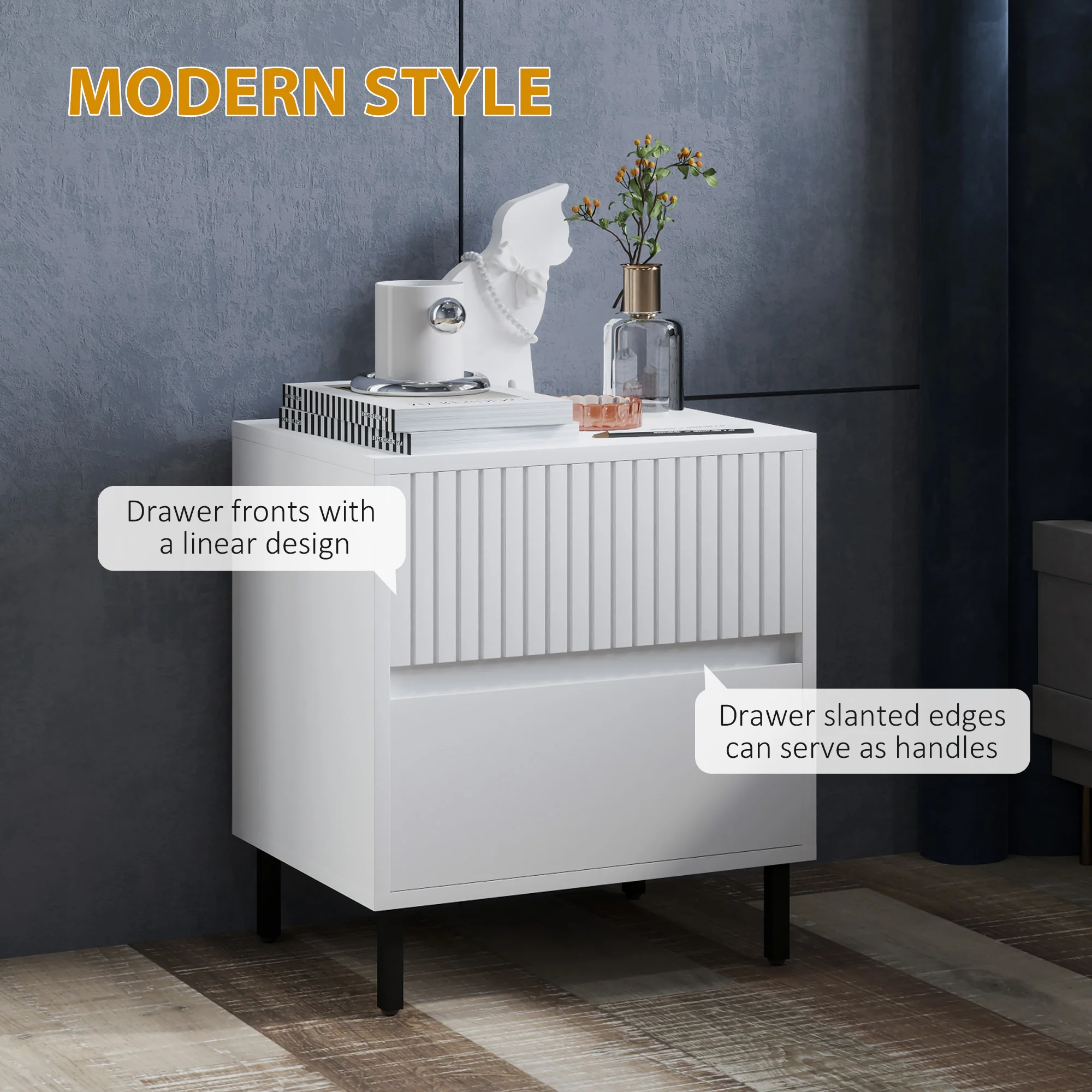 HOMCOM Bedside Table With 2 Drawers And Steel Legs For Bedroom - Grey/White - Image 12