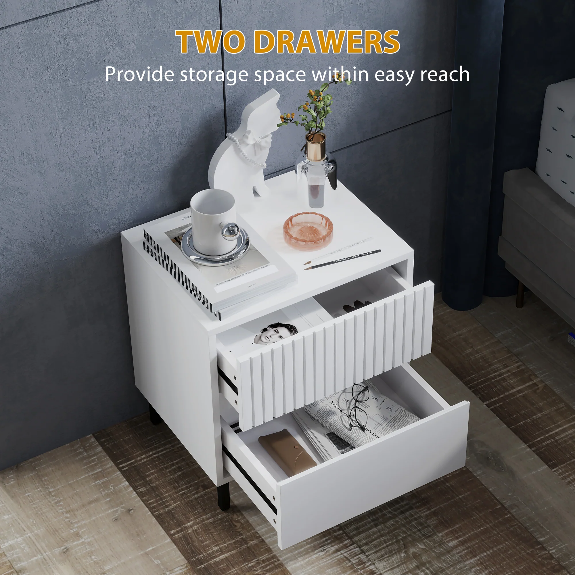 HOMCOM Bedside Table With 2 Drawers And Steel Legs For Bedroom - Grey/White - Image 13
