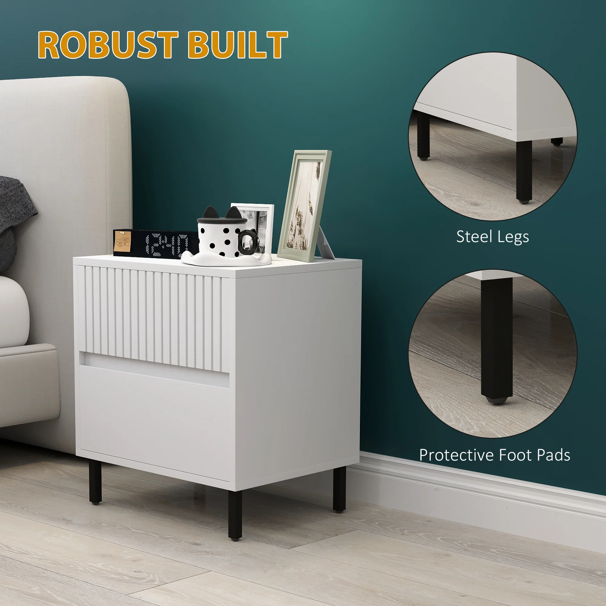 HOMCOM Bedside Table With 2 Drawers And Steel Legs For Bedroom - Grey/White - Image 15