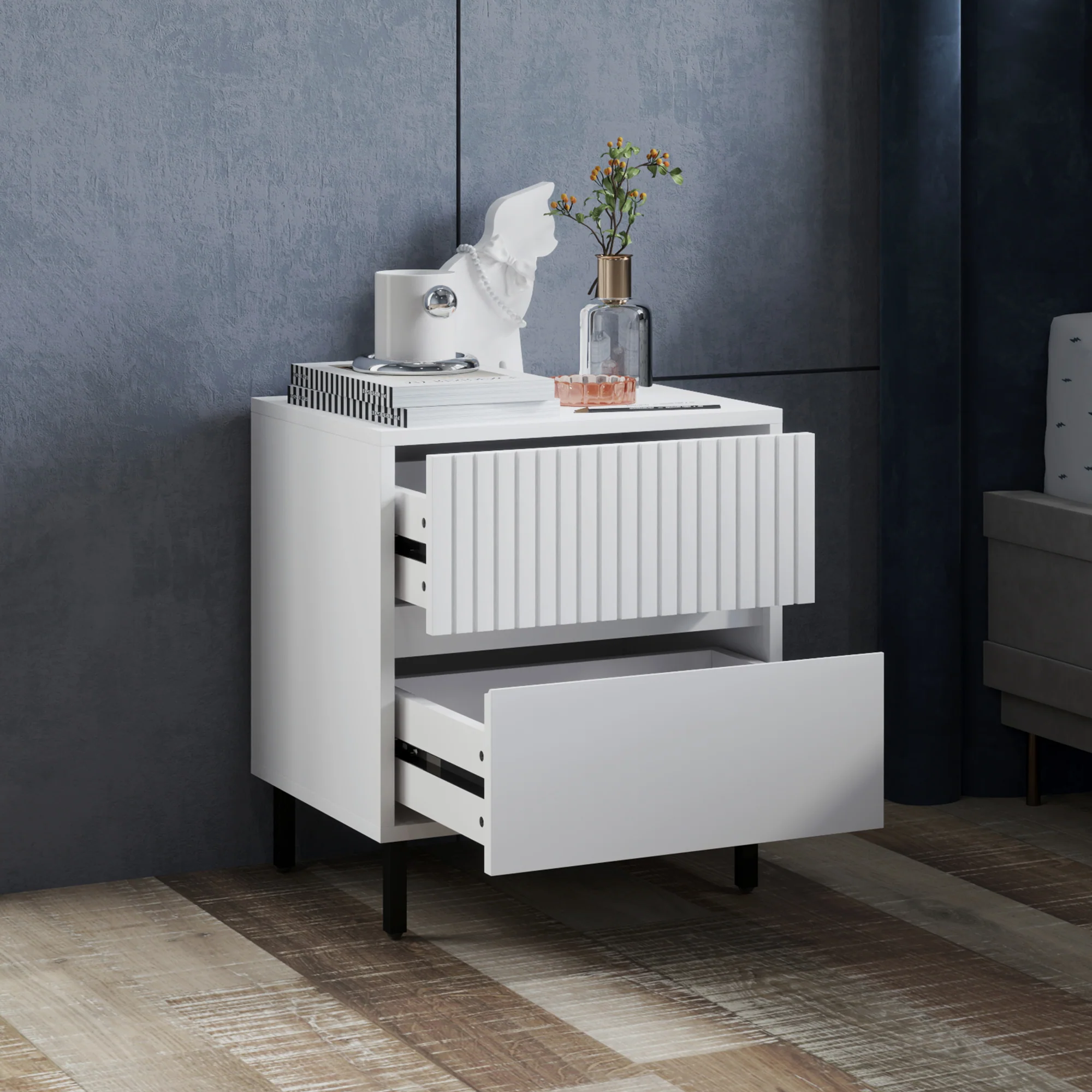 HOMCOM Bedside Table With 2 Drawers And Steel Legs For Bedroom - Grey/White - Image 17