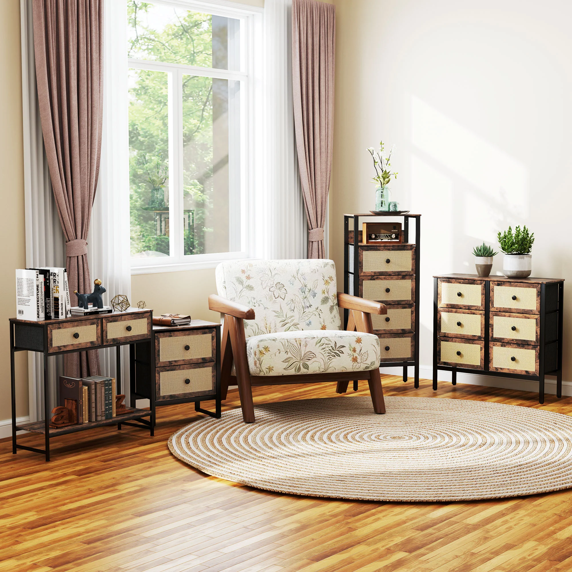 HOMCOM Bedside Table With 2 Rattan Drawers And Steel Legs, Rustic Brown - Image 10