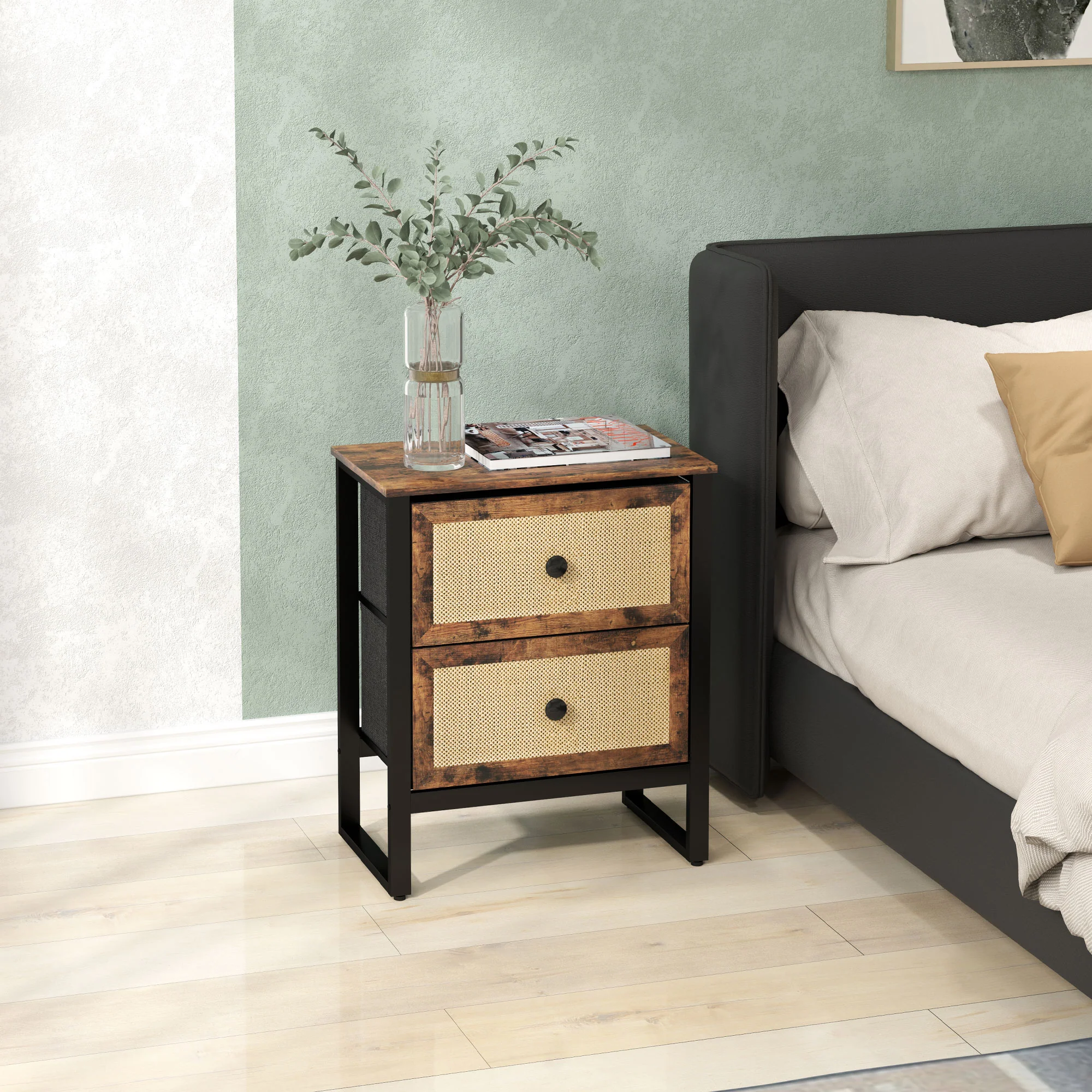HOMCOM Bedside Table With 2 Rattan Drawers And Steel Legs, Rustic Brown - Image 3