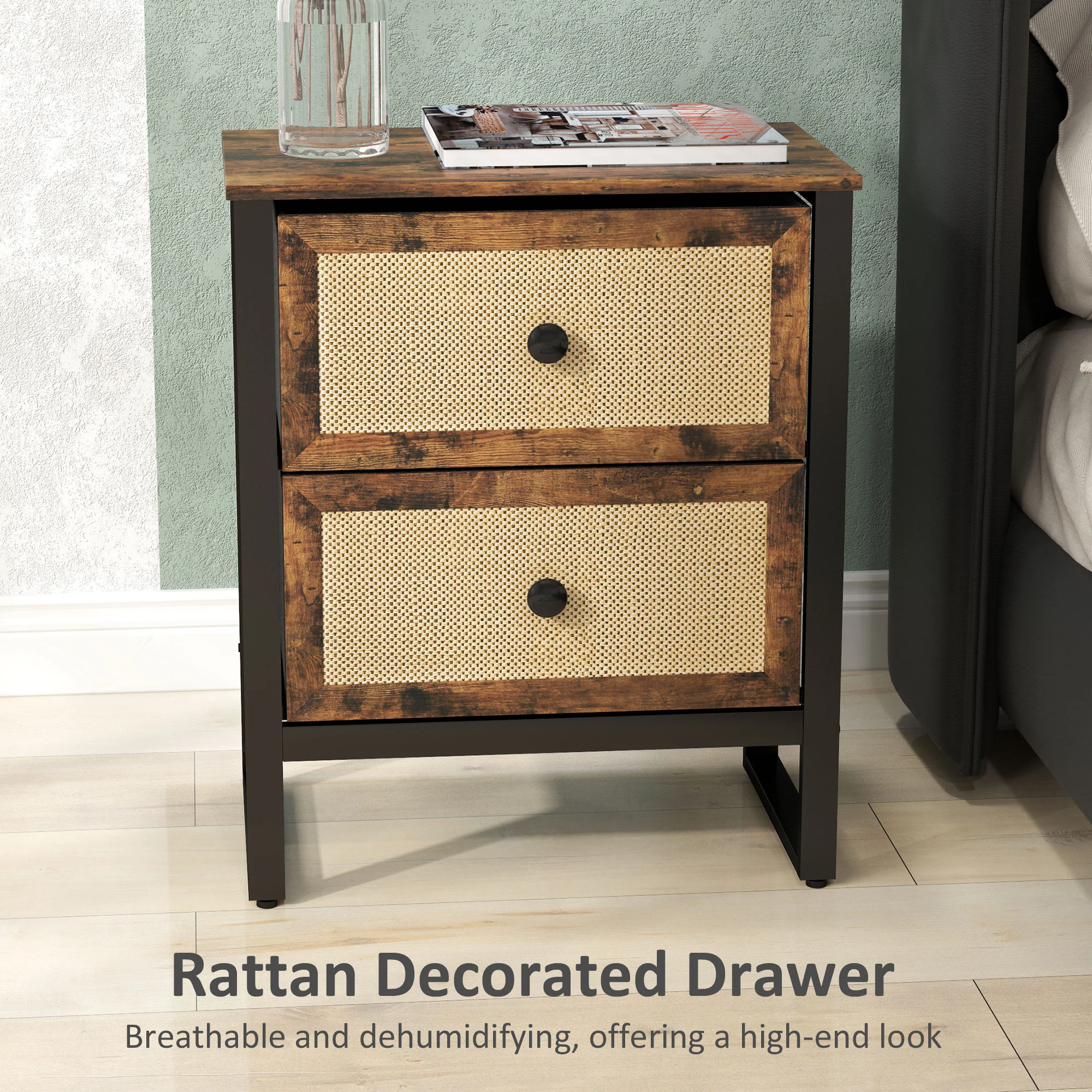 HOMCOM Bedside Table With 2 Rattan Drawers And Steel Legs, Rustic Brown - Image 4