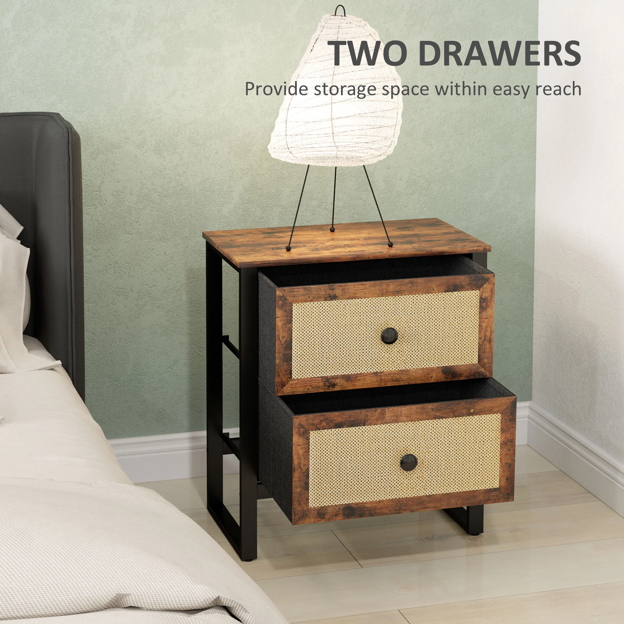 HOMCOM Bedside Table With 2 Rattan Drawers And Steel Legs, Rustic Brown - Image 5