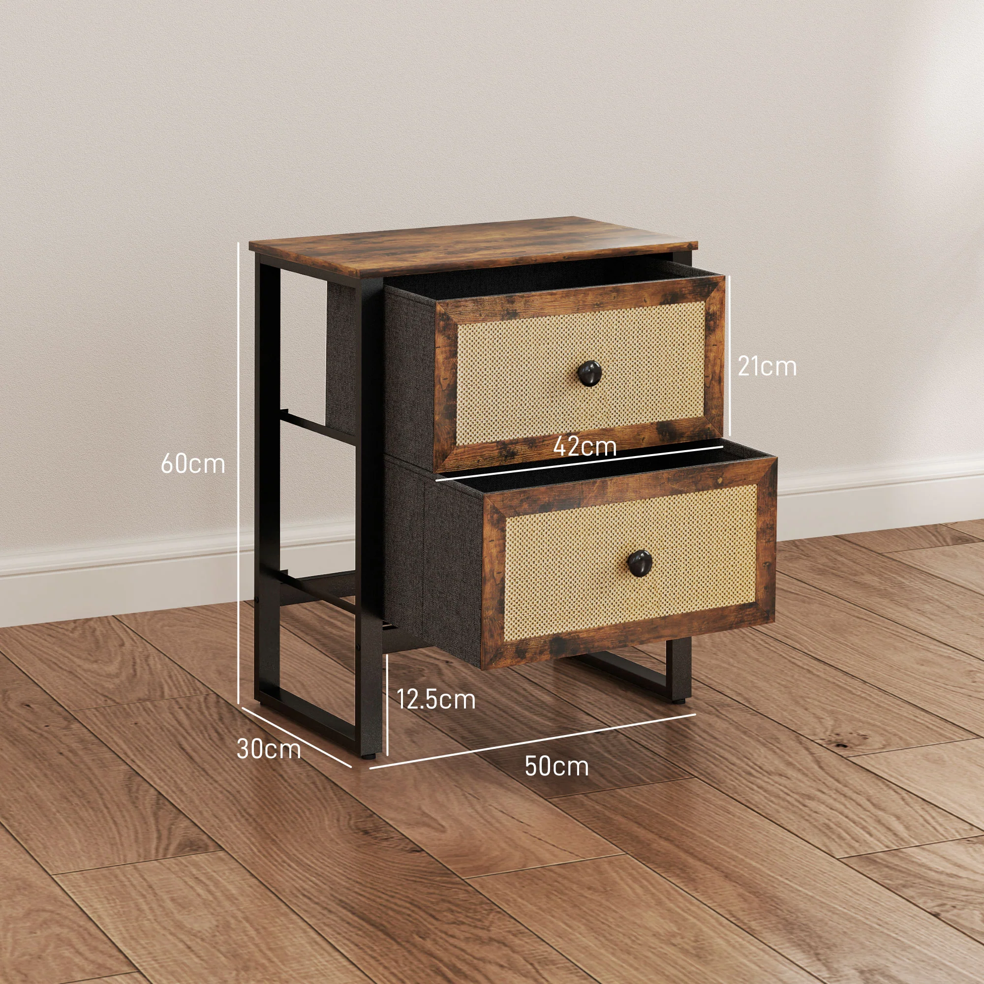 HOMCOM Bedside Table With 2 Rattan Drawers And Steel Legs, Rustic Brown - Image 6