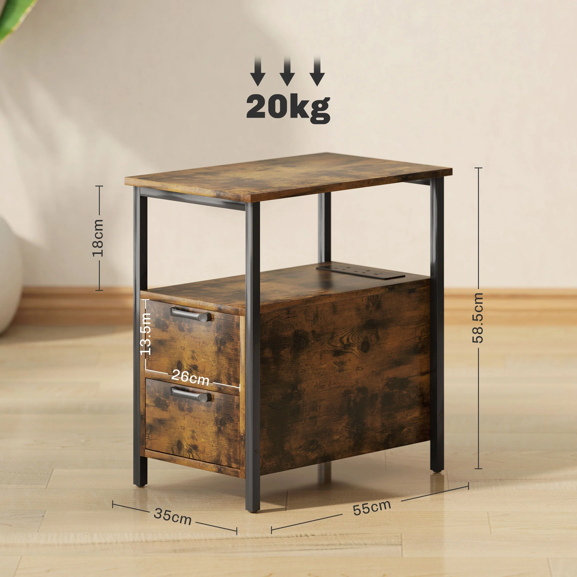 HOMCOM Bedside Table With Charging Station For Living Room, Rustic Brown - Image 5