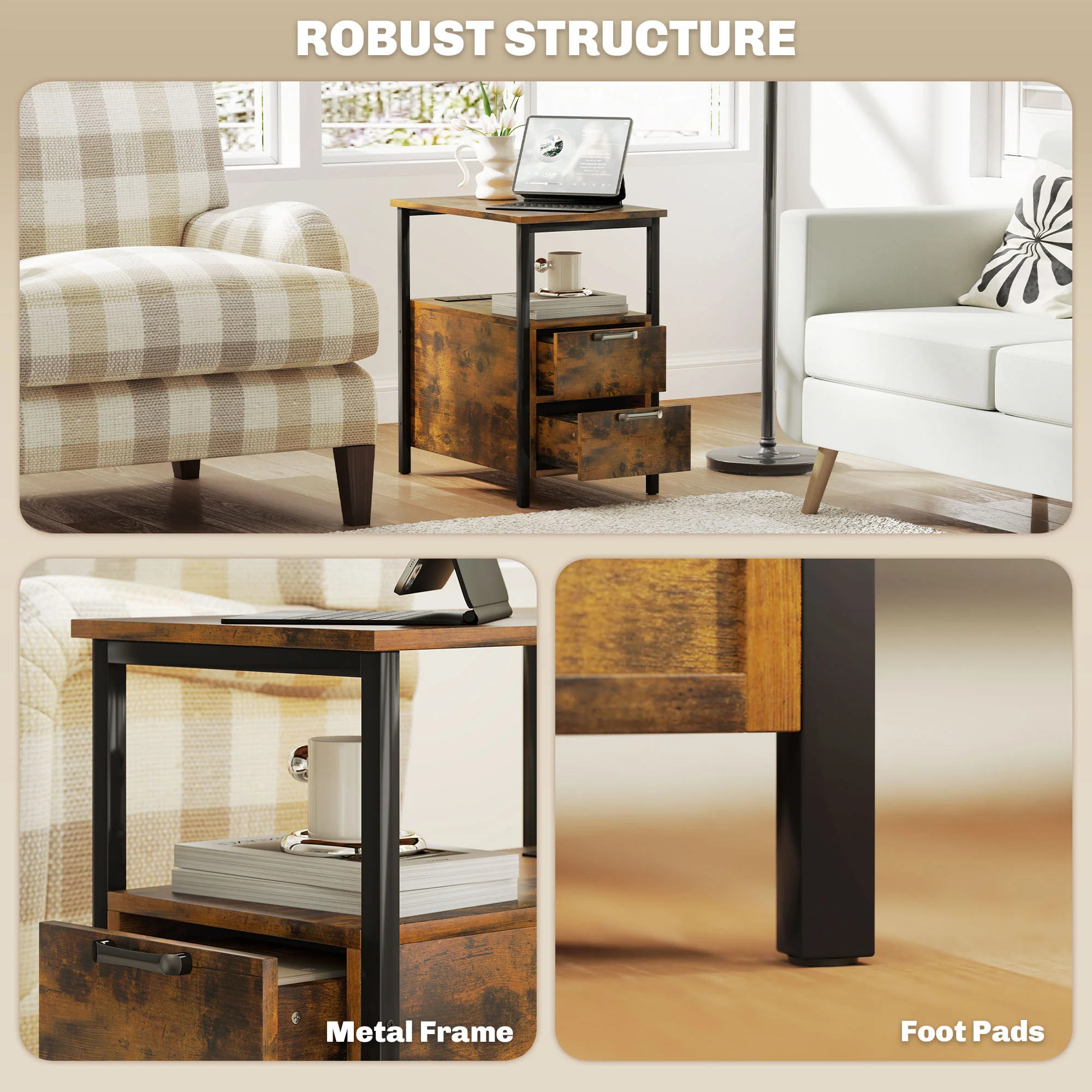 HOMCOM Bedside Table With Charging Station For Living Room, Rustic Brown - Image 6