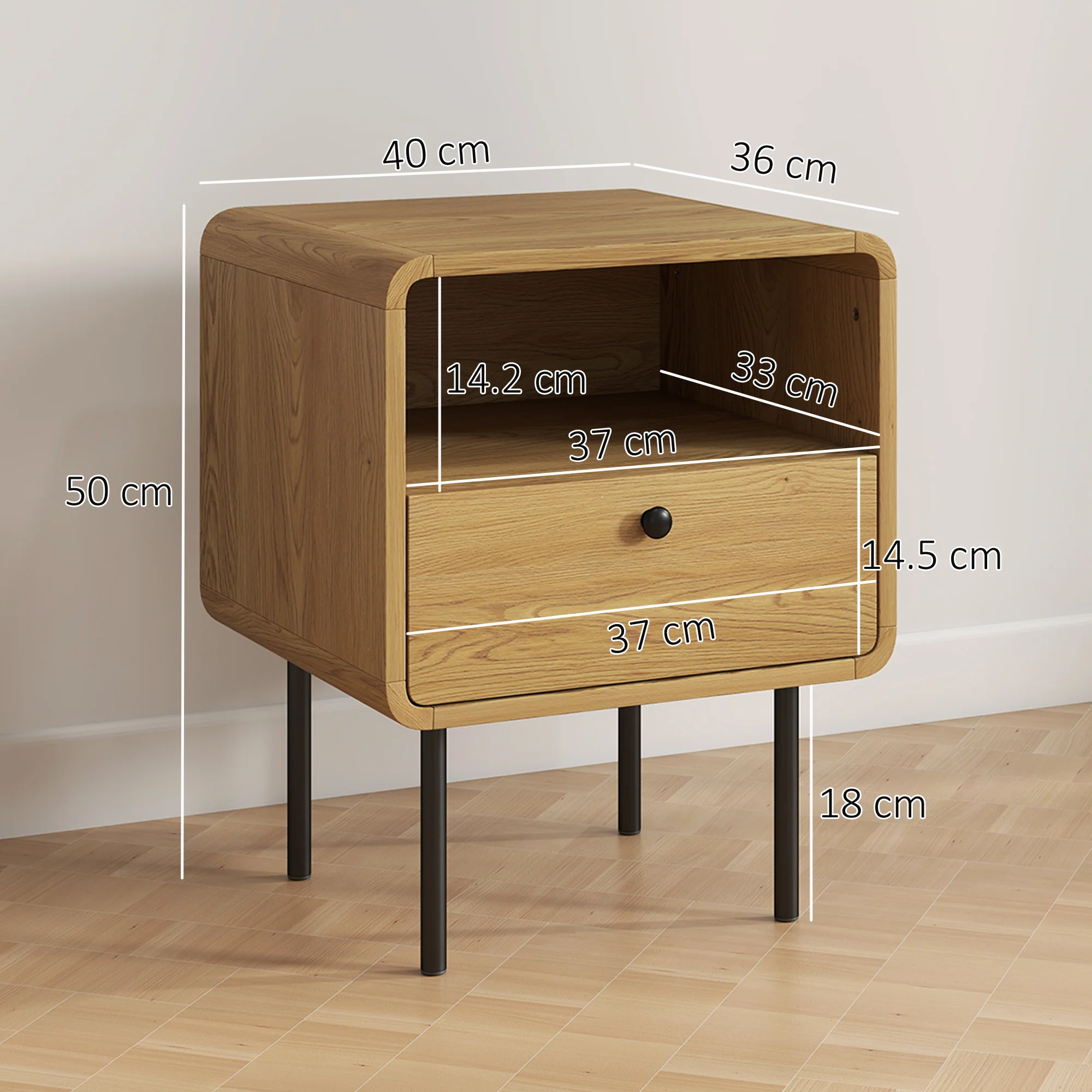 HOMCOM Bedside Table with Drawer and Shelf, Modern Bedside Cabinet, Oak - Image 5