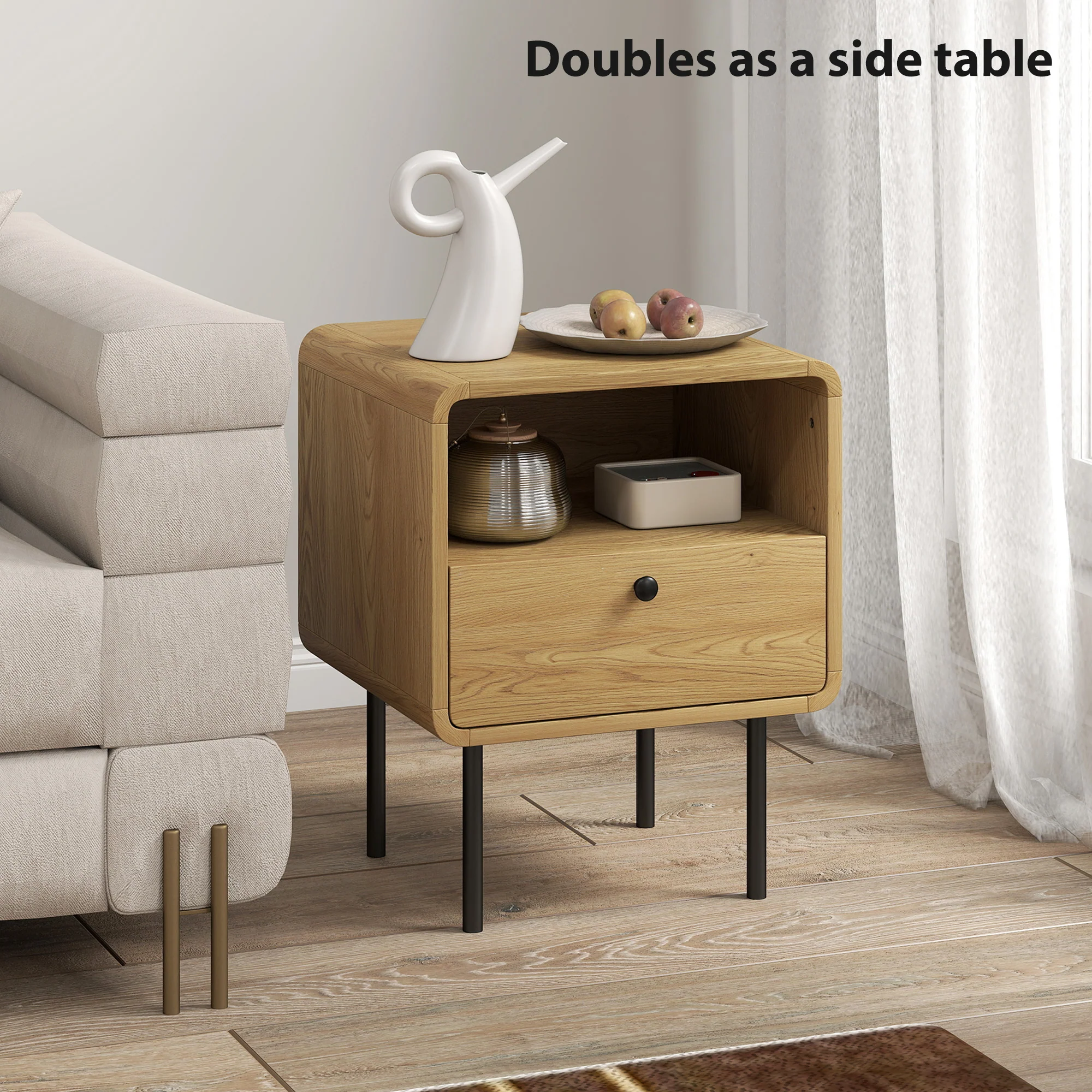 HOMCOM Bedside Table with Drawer and Shelf, Modern Bedside Cabinet, Oak - Image 6