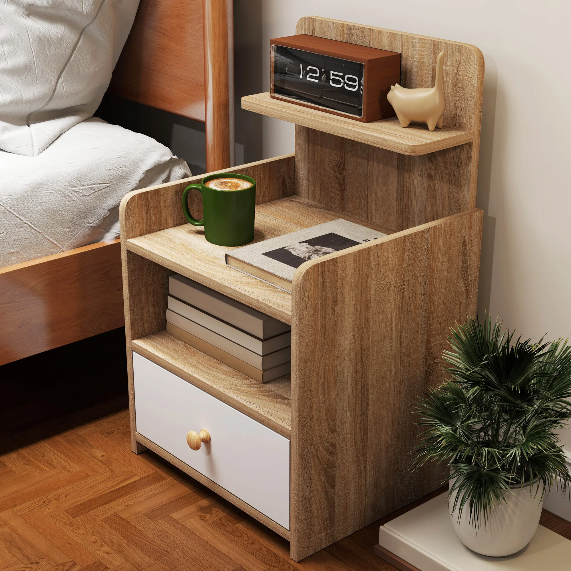 HOMCOM Bedside Table With Drawer For Bedroom, Living Room, Natural Wood Effect - Image 7