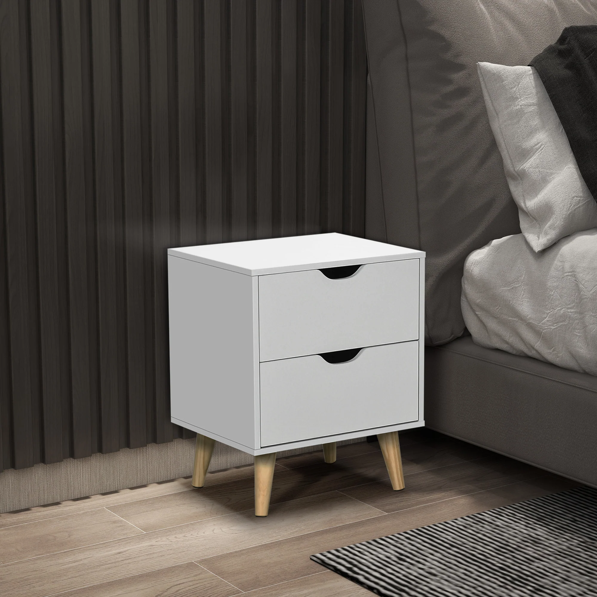 HOMCOM Bedside Table with Drawer, Side Table with Pine Wood Legs, White - Image 2