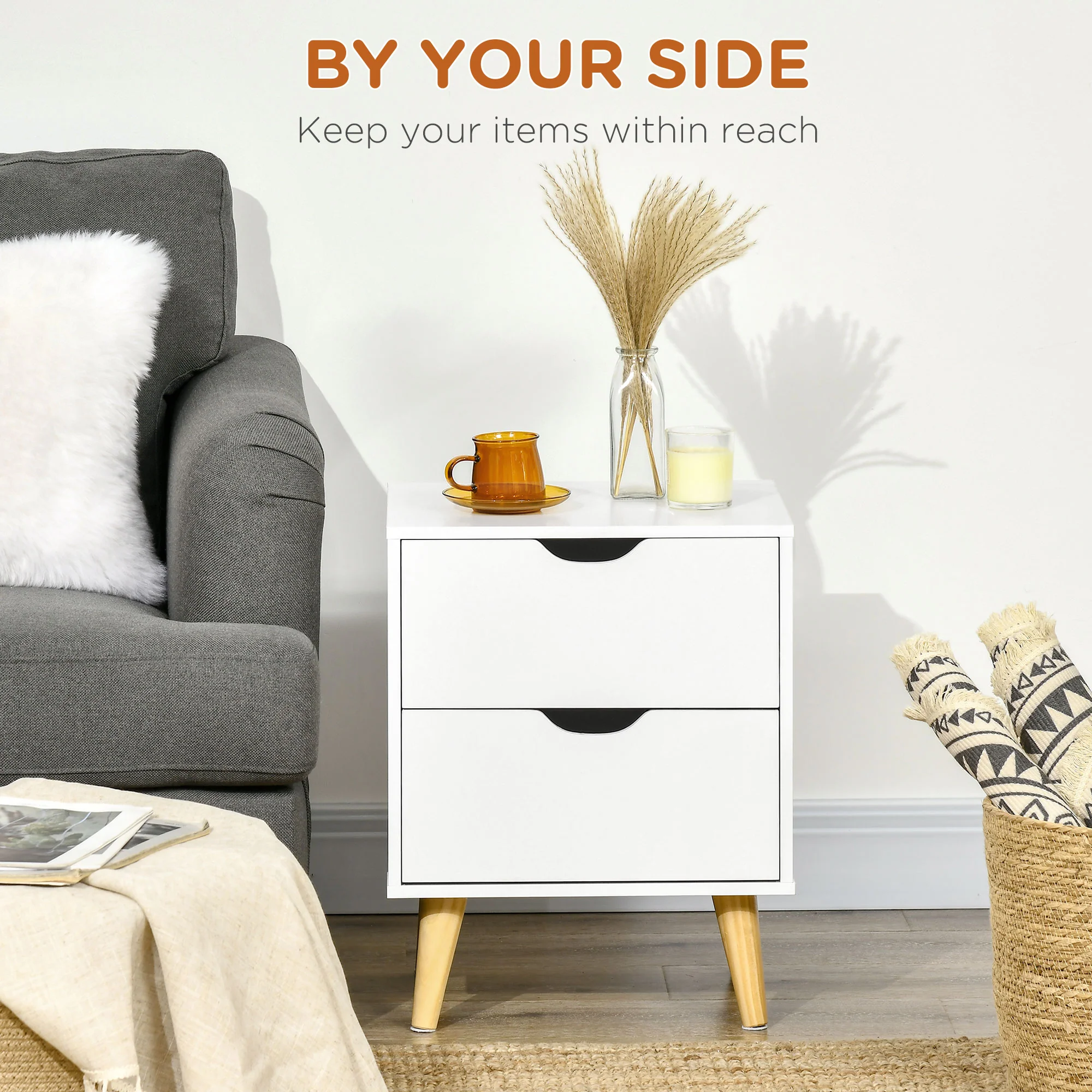 HOMCOM Bedside Table with Drawer, Side Table with Pine Wood Legs, White - Image 3