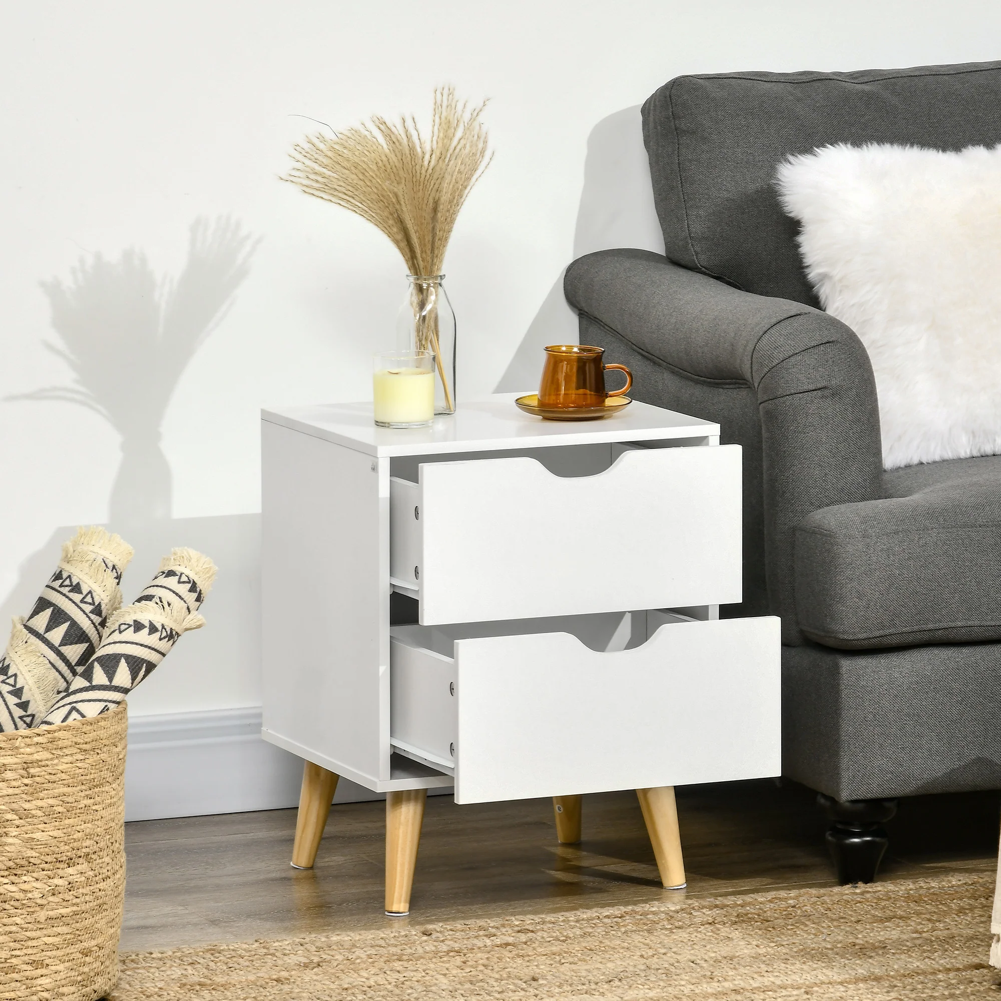 HOMCOM Bedside Table with Drawer, Side Table with Pine Wood Legs, White - Image 7