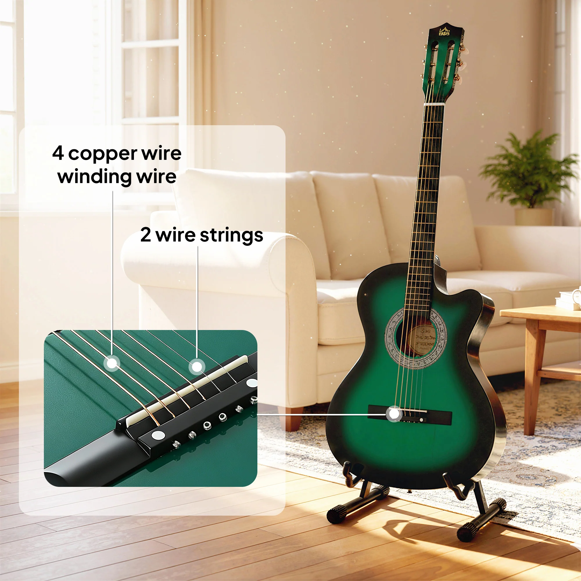 HOMCOM Beginner Acoustic Electric Cutaway Guitar Adult Junior Guitar, Green - Image 4