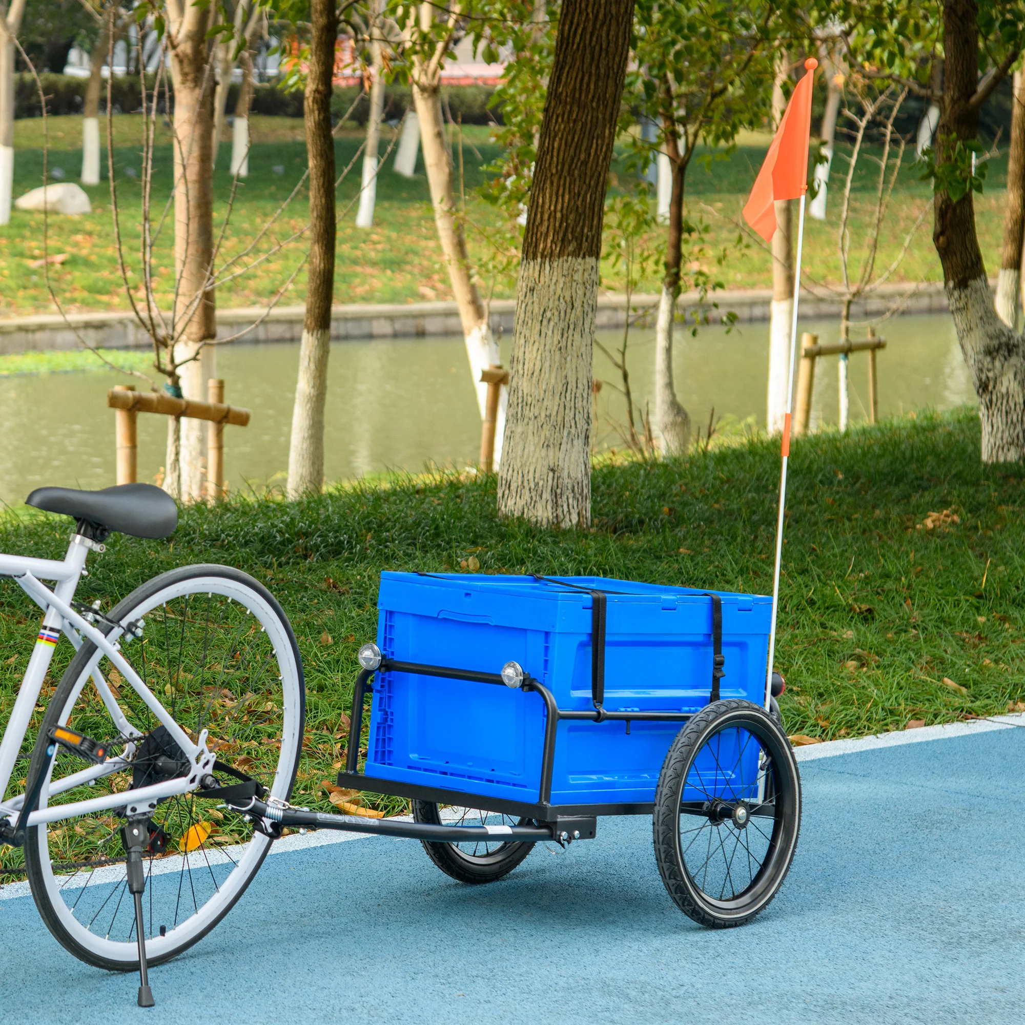 HOMCOM Bicycle Trailer with 65L Foldable Storage Box and Pneumatic Tyres, Blue - Image 2