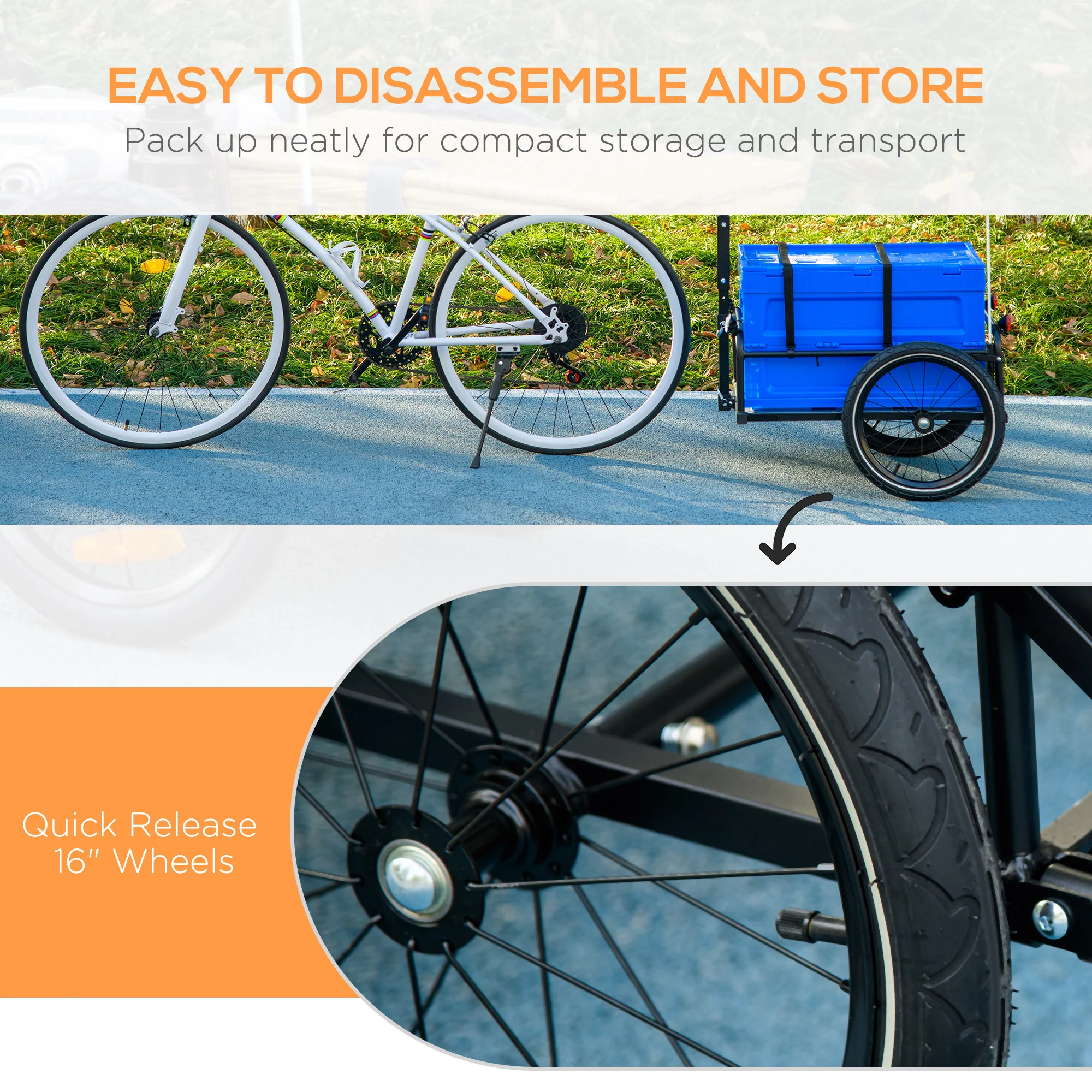 HOMCOM Bicycle Trailer With Foldable Storage Box And Pneumatic Tyres - Blue/Black - Image 7